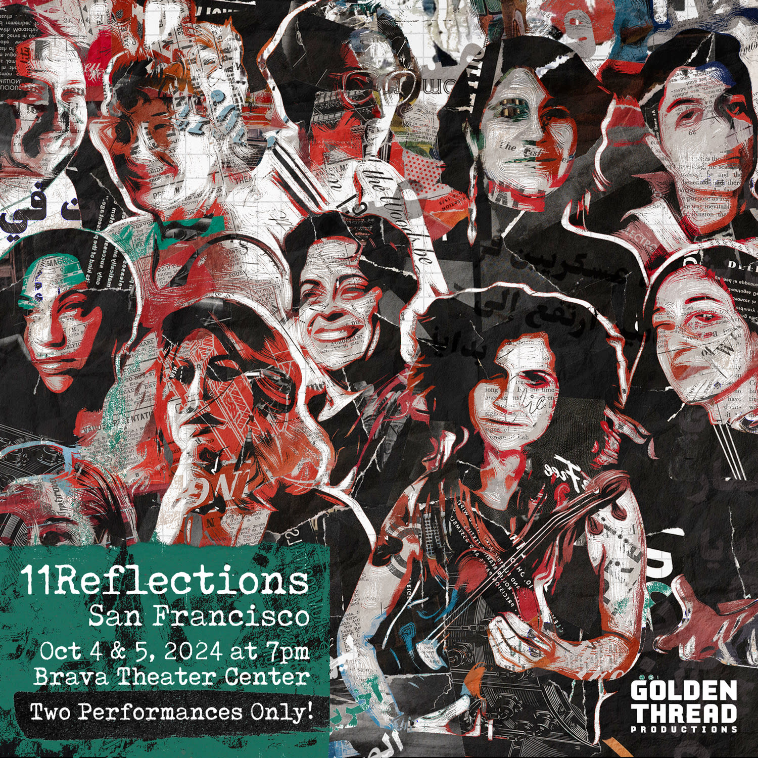 A stylized collage of women's faces, in black and white, with red highlights, overlaid with fragments of newsprint and text i