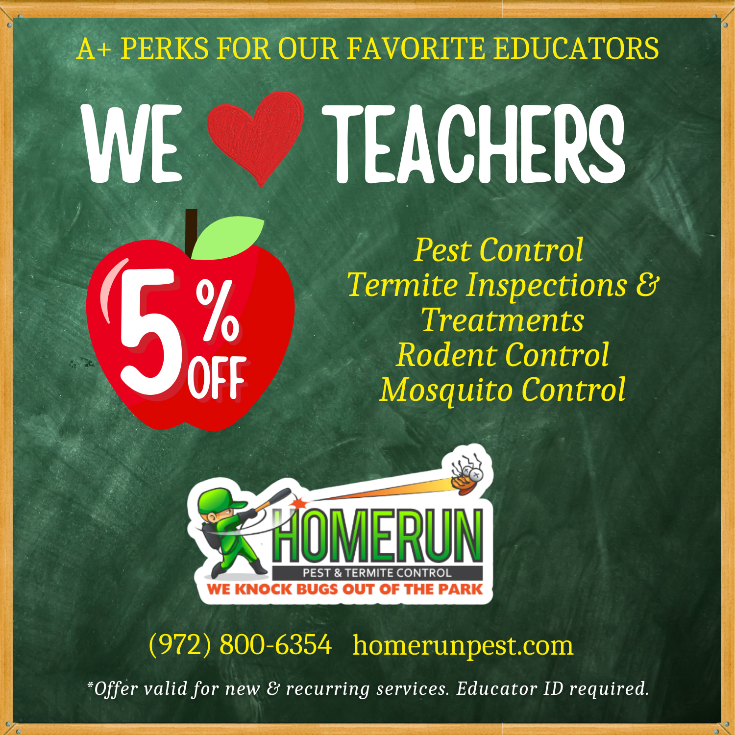 Home Run Pest & Termite Control offers 5% off pest control services for McKinney ISD teachers – local, family-owned service p