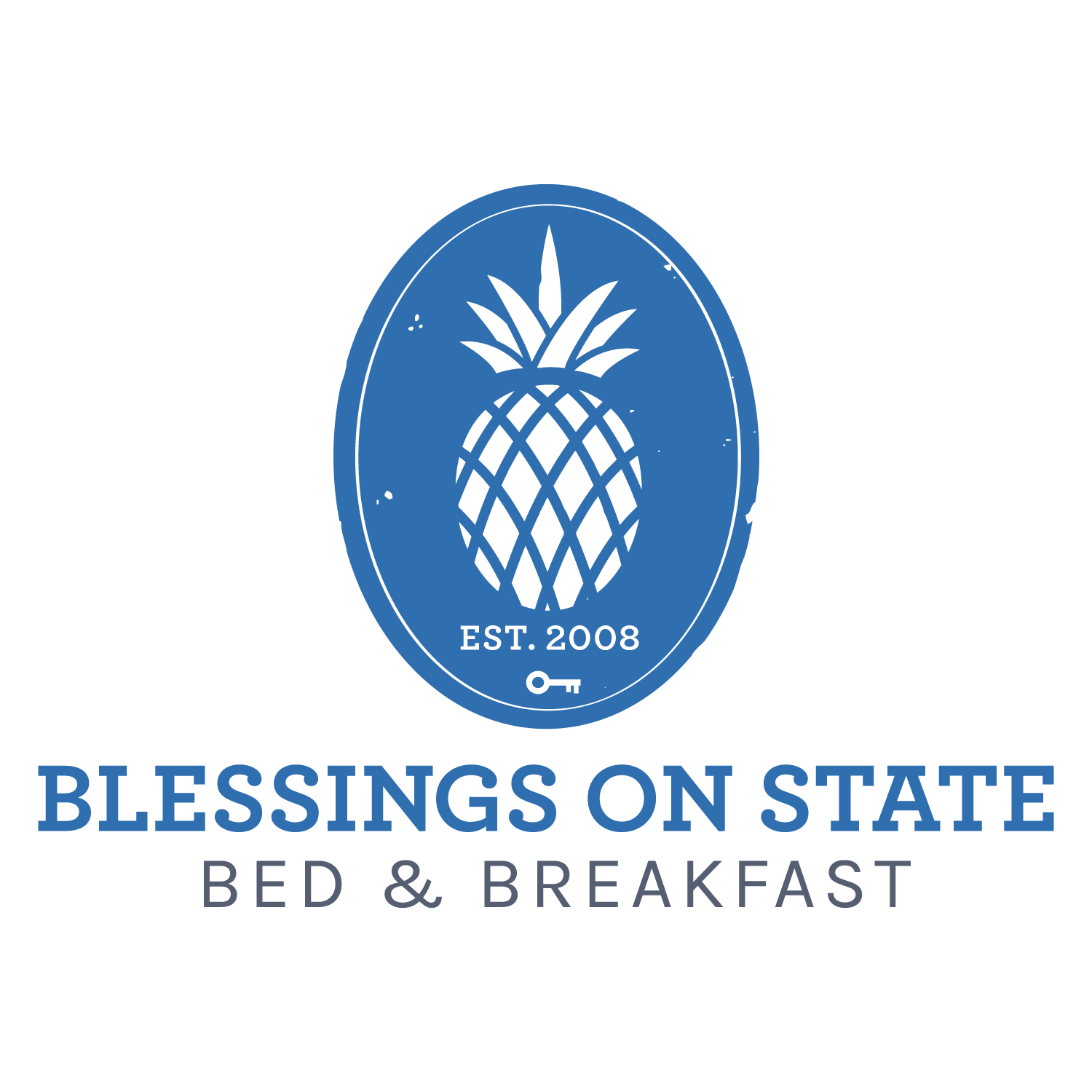 Blue pineapple graphic with a key and Est. 2008 and Blessings on State Bed & Breakfast