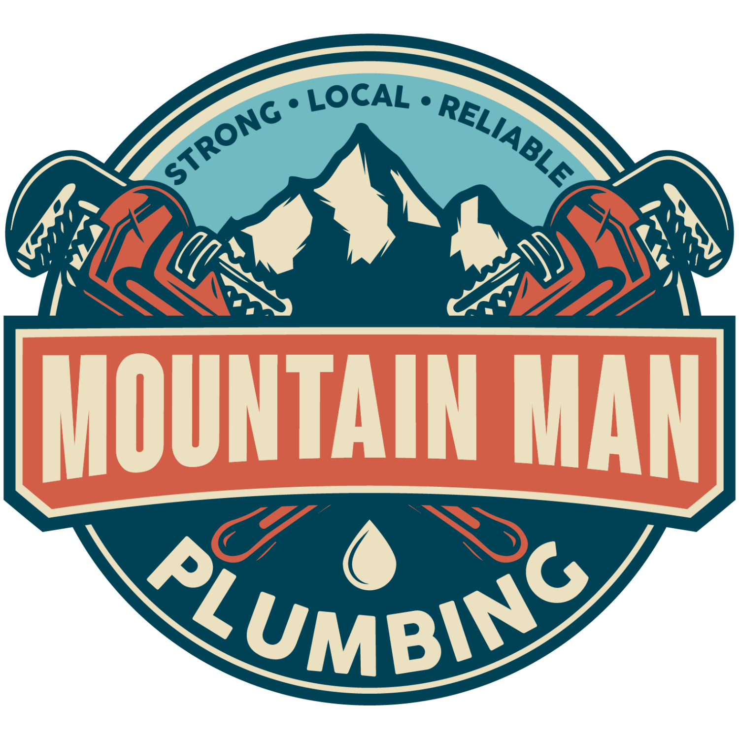 Logo for Mountain Man Plumbing featuring a mountain range and the tagline Strong, Local, Reliable.