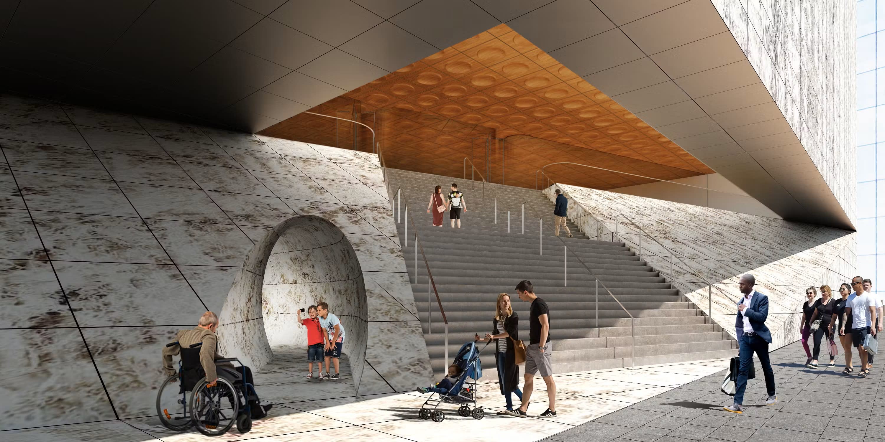 Accessible entry immediately adjacent to the grand stair at Perelman PAC in New York City