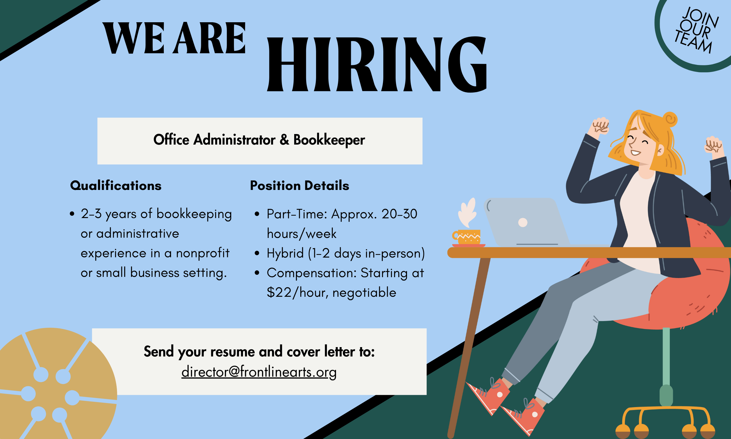 Graphic with text and illustration about the bookkeeper job at Frontline Arts and how to apply