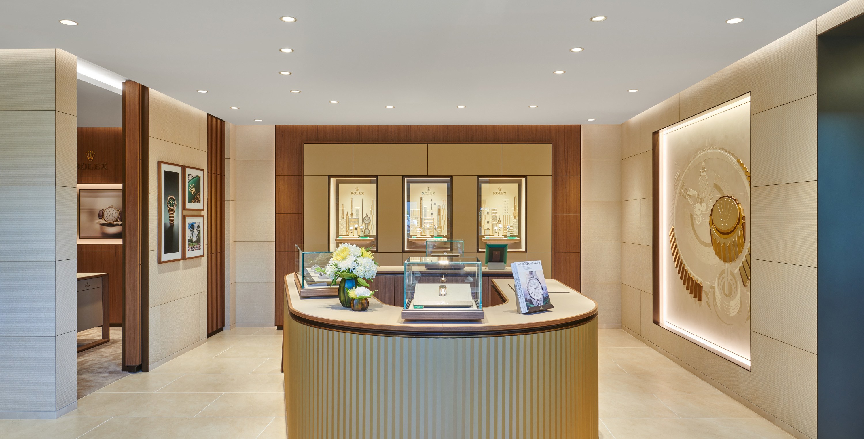 The new Rolex showroom at Jack Lewis Jewelers featuring a private viewing room and in wall exhibition displays.