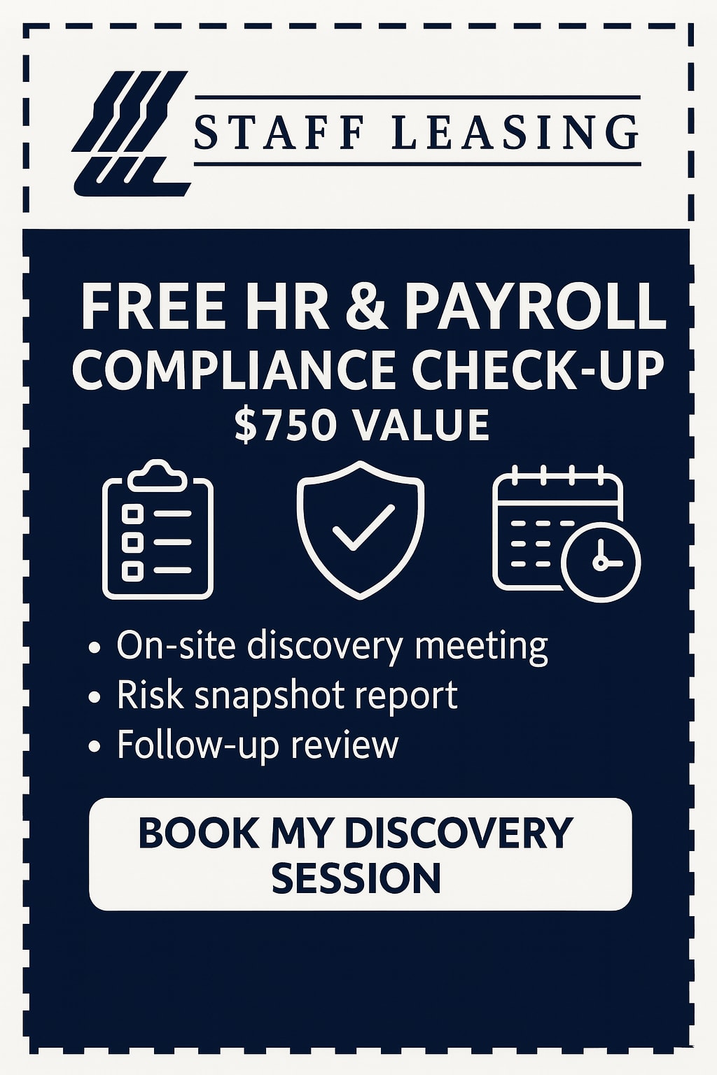 Staff Leasing coupon offering a free HR and payroll compliance check-up ($750 value)