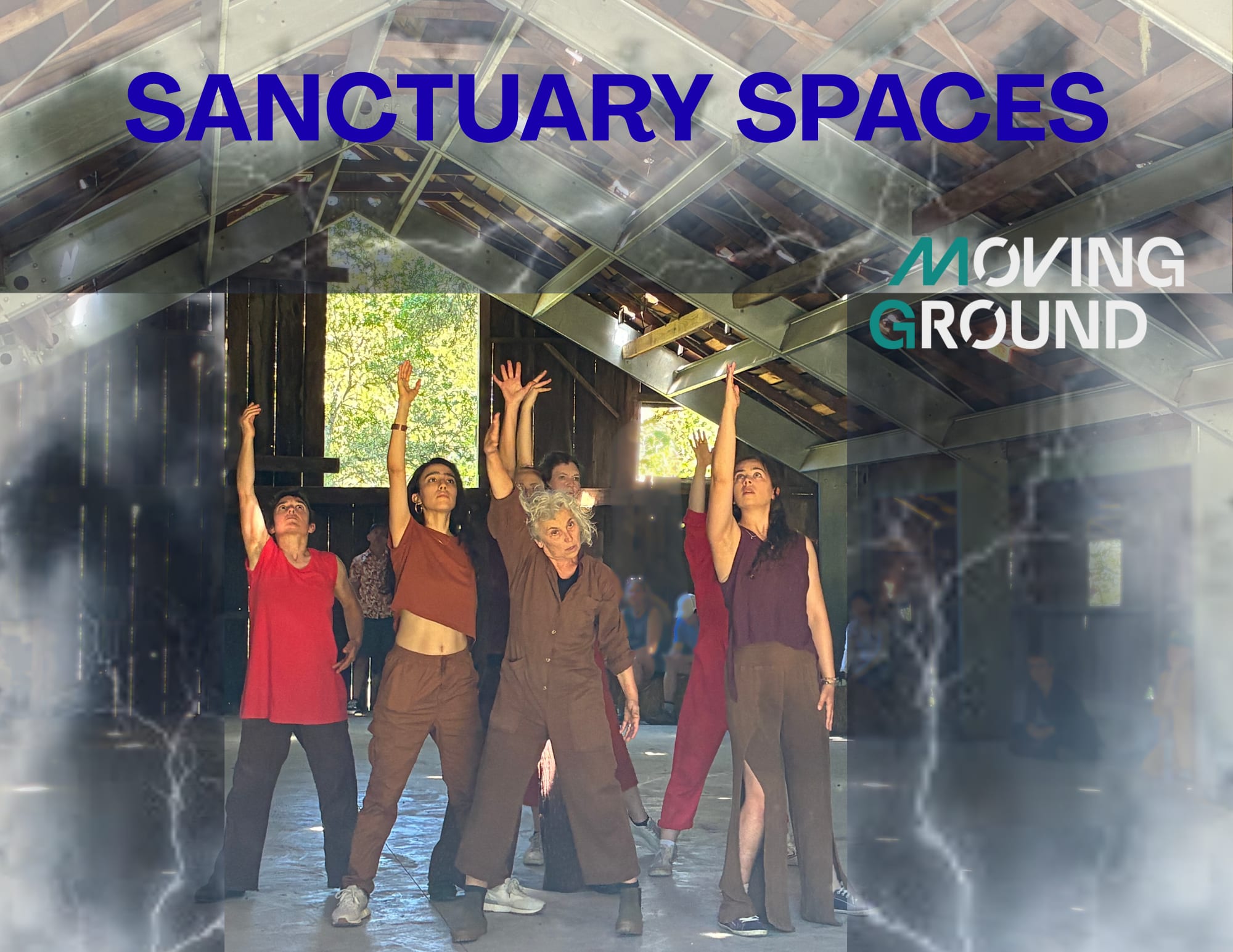 An edited photograph of seven dancers wearing browns, reds, oranges, and purples are located in a barn and are each reaching