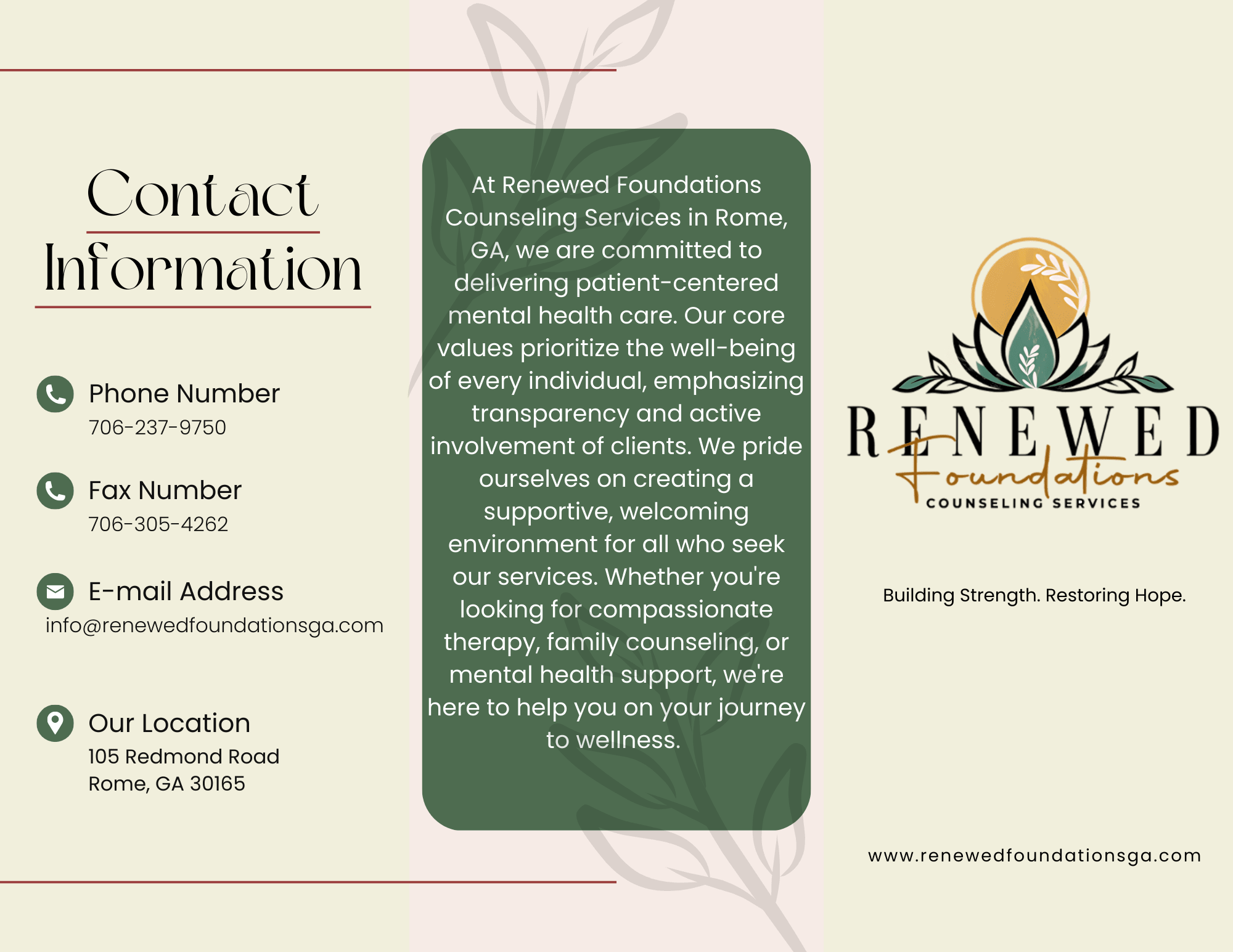 Flyer with Renewed Foundations logo, contact info, and mission statement about patient-centered and inclusive care
