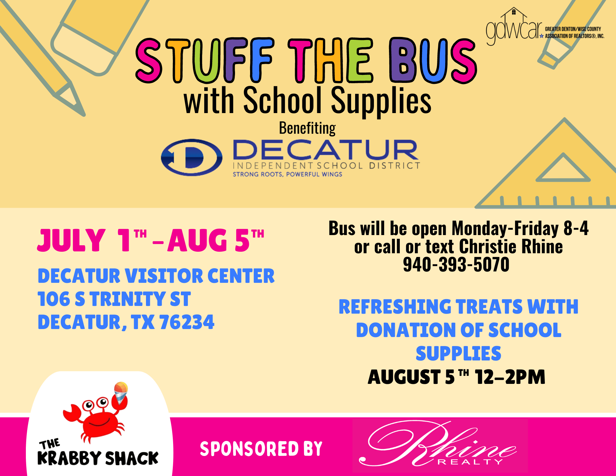 The flyer for the Decatur ISD School Supply Drive. Free Krabby Shack treat with donation of school supplies.