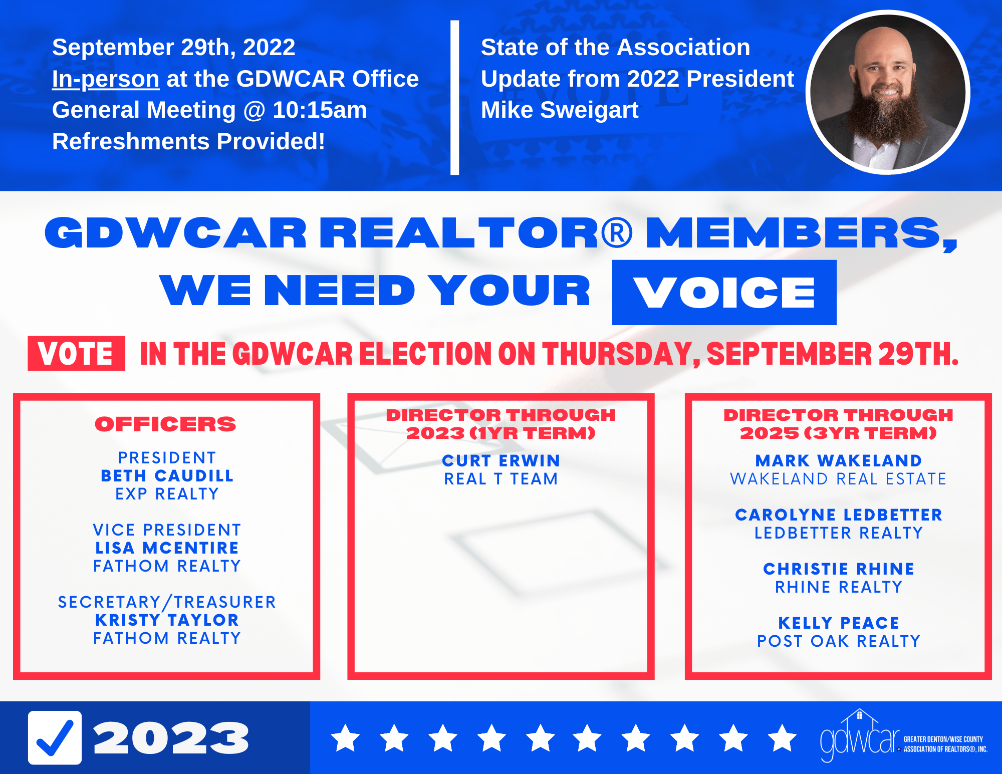 Flyer for the In-person Election & State of the Association Update on September 29th at 10:15am at our office.