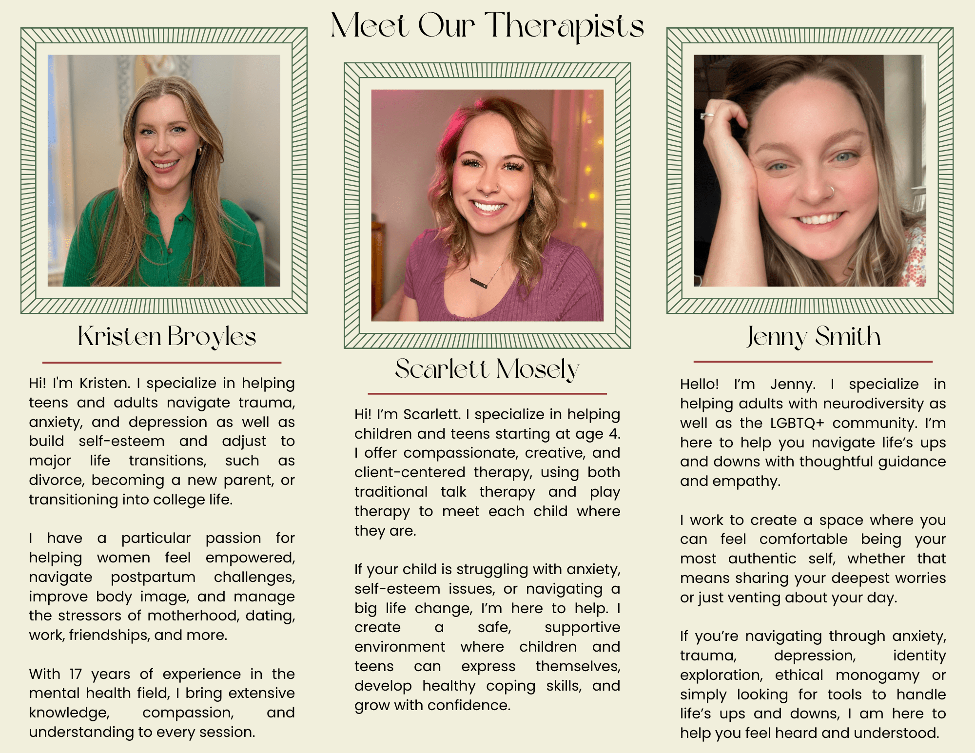 Meet our therapists flyer with photos and bios of Kristen Broyles, Scarlett Mosely, and Jenny Smith from Renewed Foundations