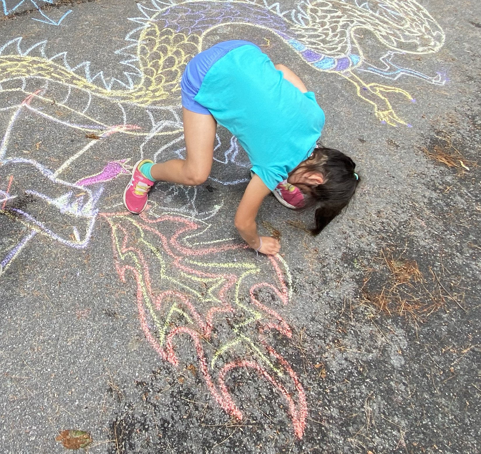 a child draws a dragon with chalk on the driveway