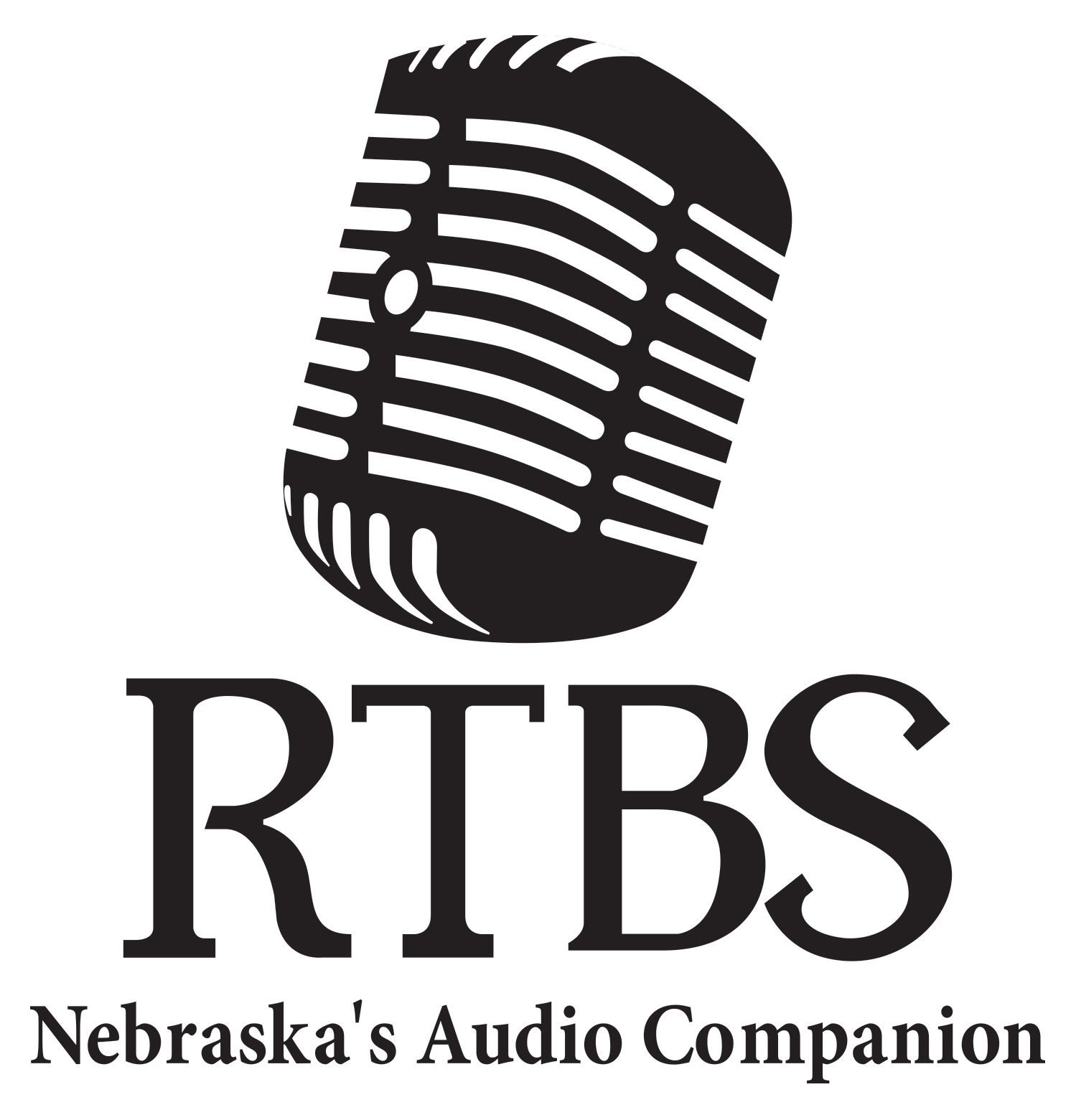 Outline of a microphone in black against a white background. With words that say "RTBS Nebraska's Audio Companion