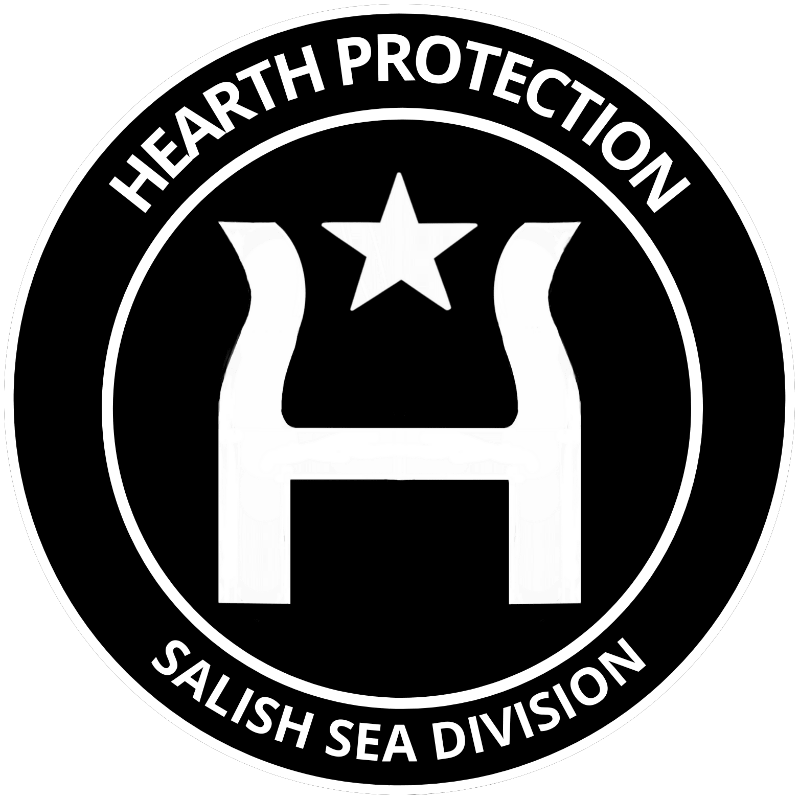 Hearth Protection's Logo, it's a circular patch design with a white hestia symbol containing a white star, black background