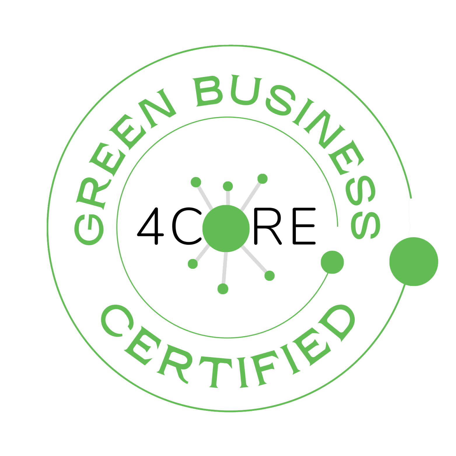 Green circle logo with text "Green Business Certified 4CORE"
