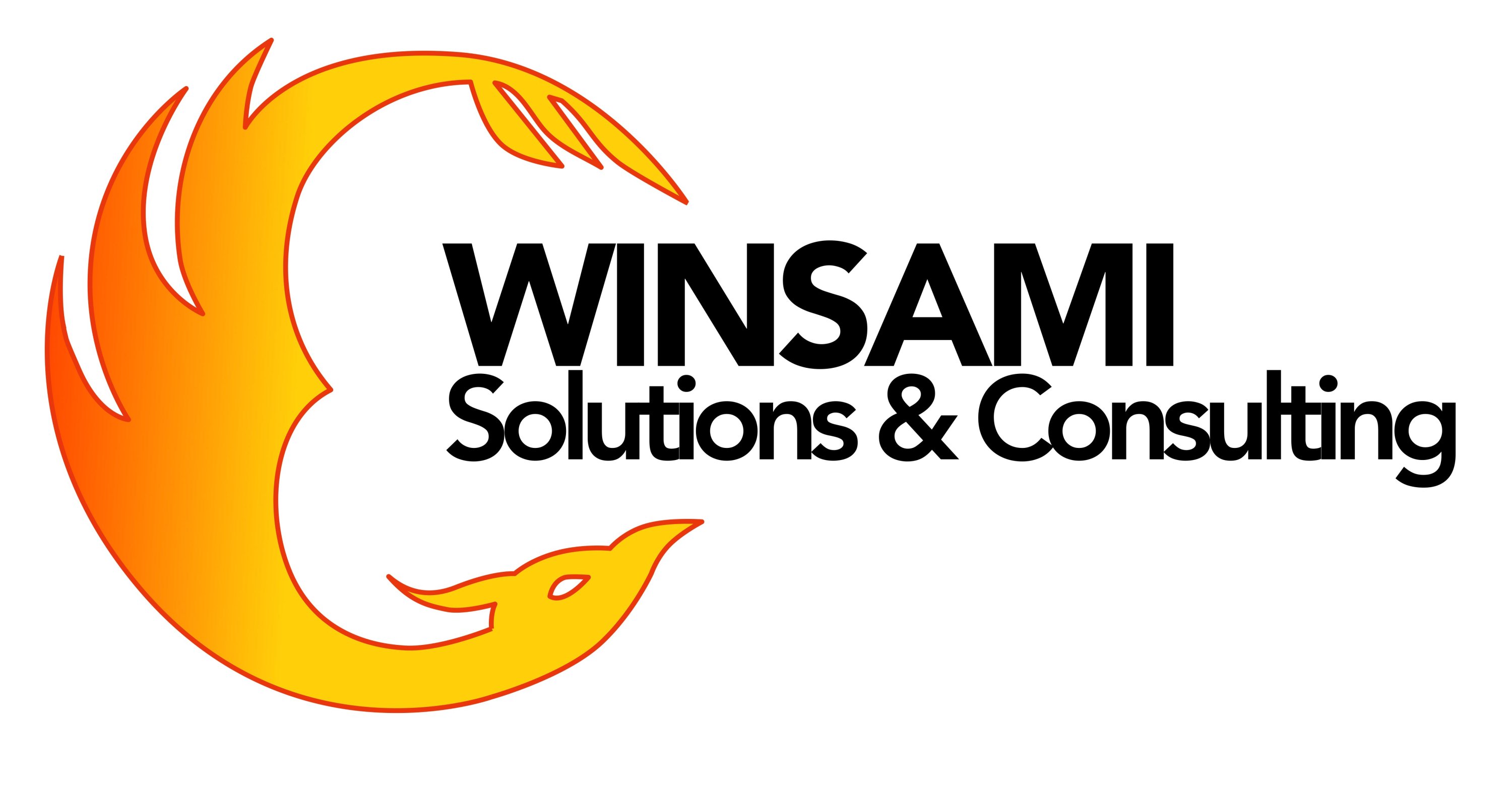 stylized phoenix arranged in a crescent shape that encloses two lines of text. Line 1: Winsami  Line 2:Solutions & Consulting