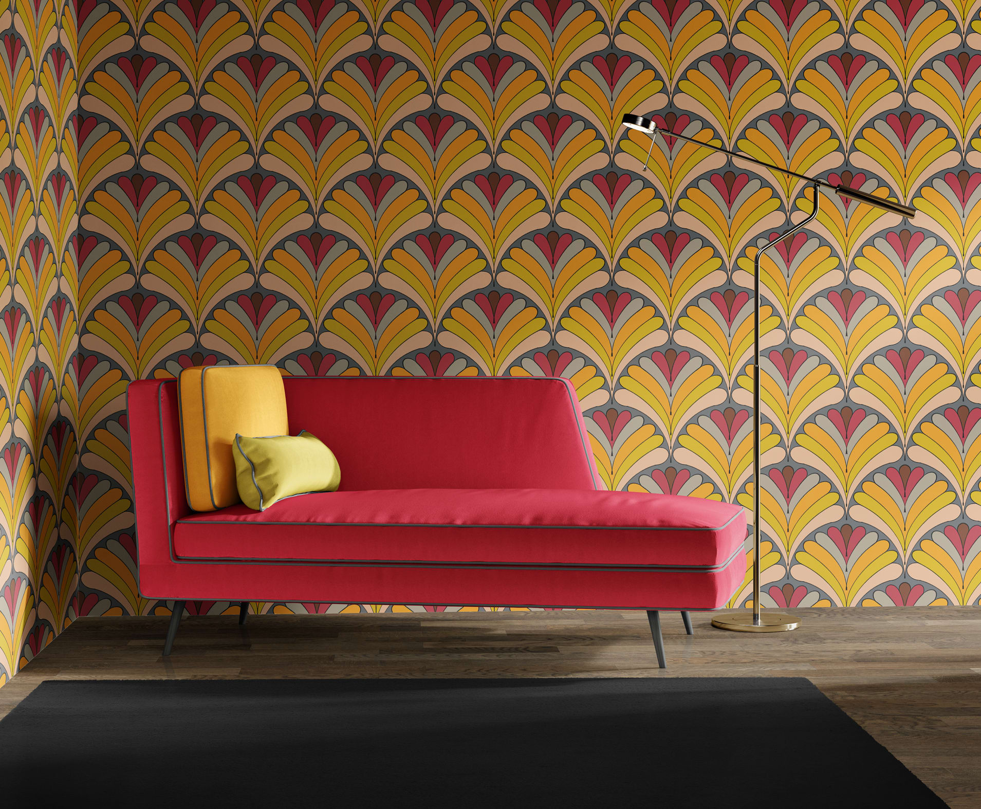 Art Deco Fans (wallpaper) with chaise and pillows upholstered in matching solids