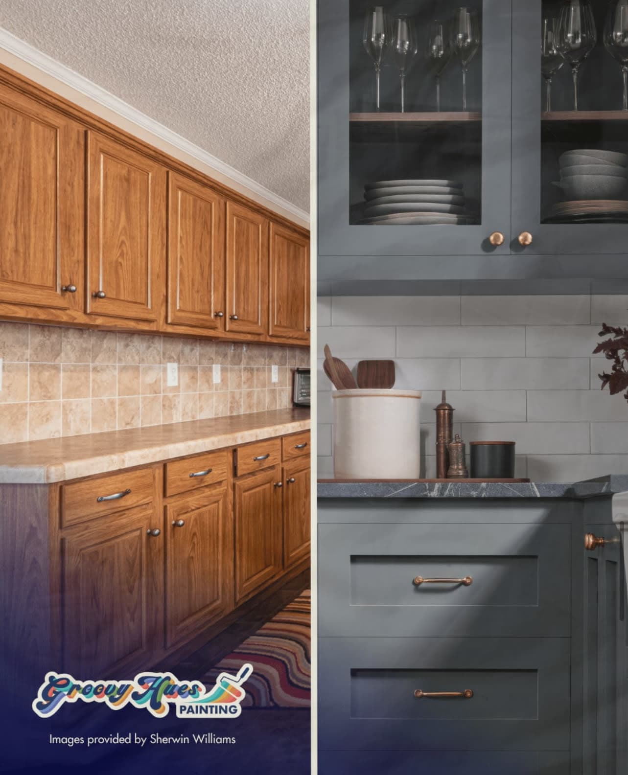 “Before and after of a kitchen countertop transformation by Groovy Hues Paint by Kissimmee, showing a professional residentia