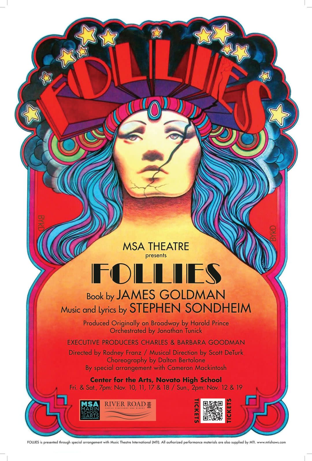 The poster features the beautiful head of a Follies Girl with a headpiece featuring the title FOLLIES and psychedelic flowing