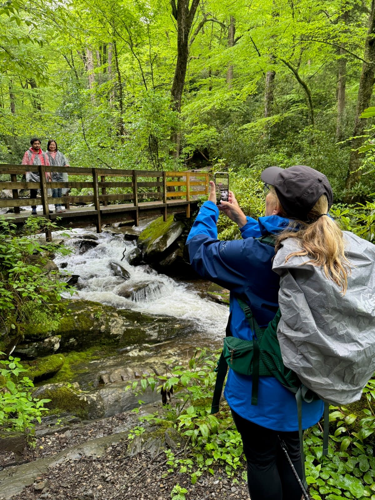 Guide snaps photos of guests on a bridge overlooking a mountain stream.