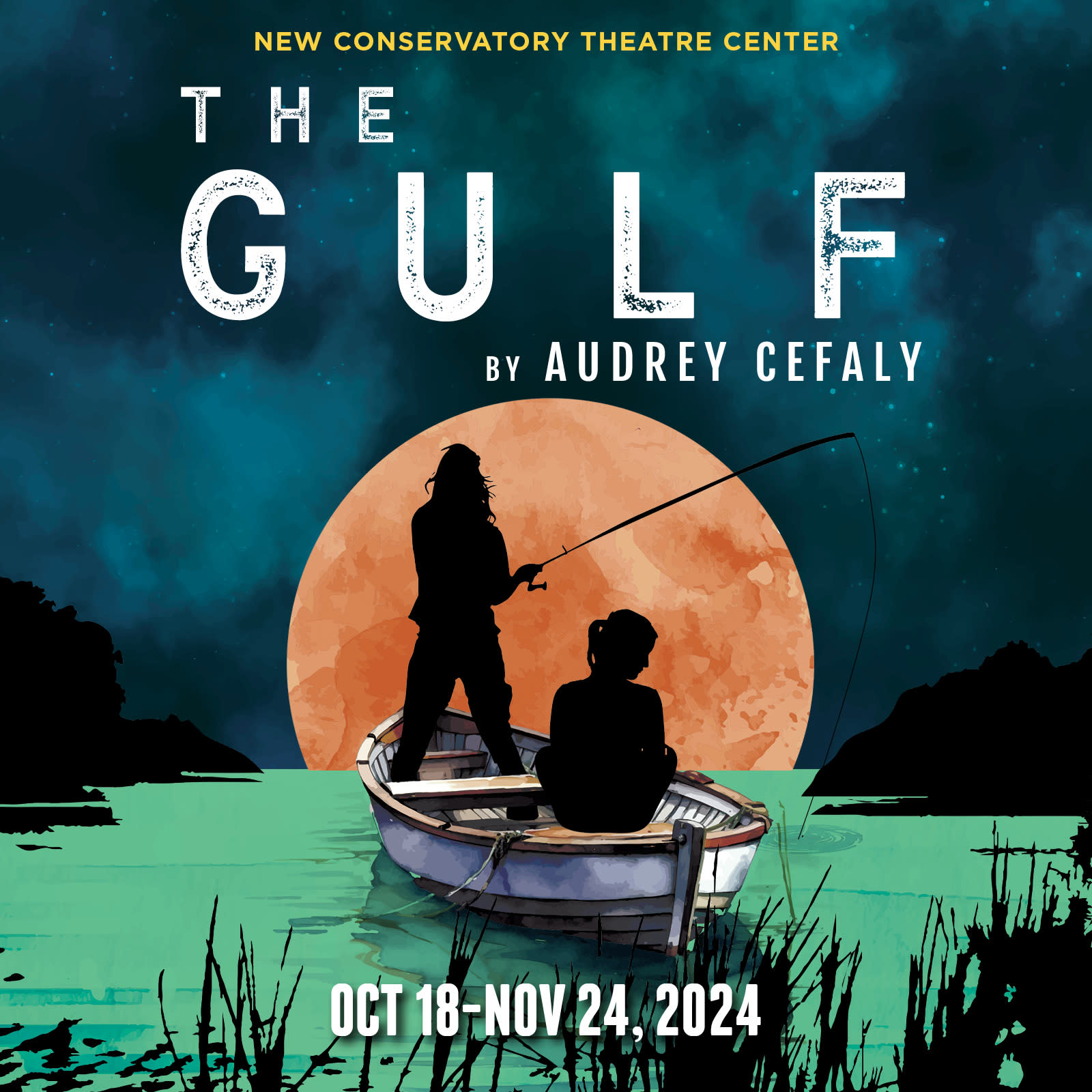 Square image: NCTC show graphic with play/show name text 'The Gulf' overlayed over a graphic of two women in silouette in fis