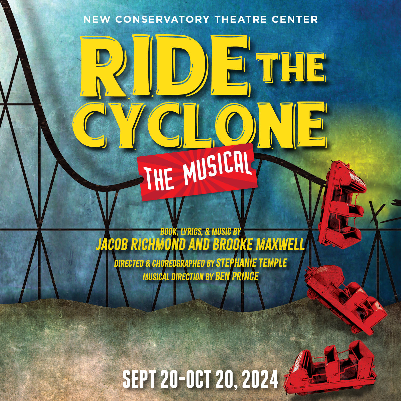 Graphic for the musical (show) 'Ride the Cyclone' with graphic of broken roller coaster structure with empty red roller coast
