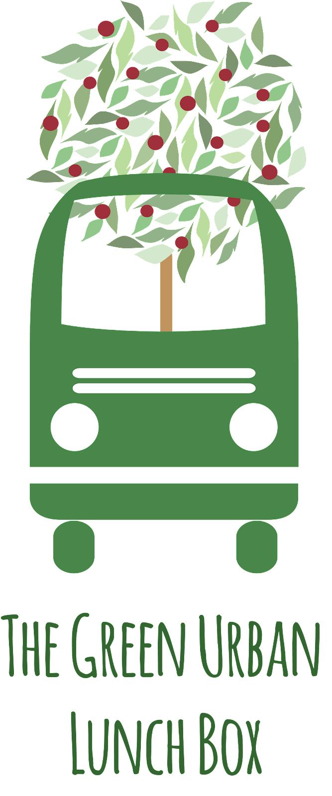 green urban lunch box logo, green bus with a fruit tree growing out of it