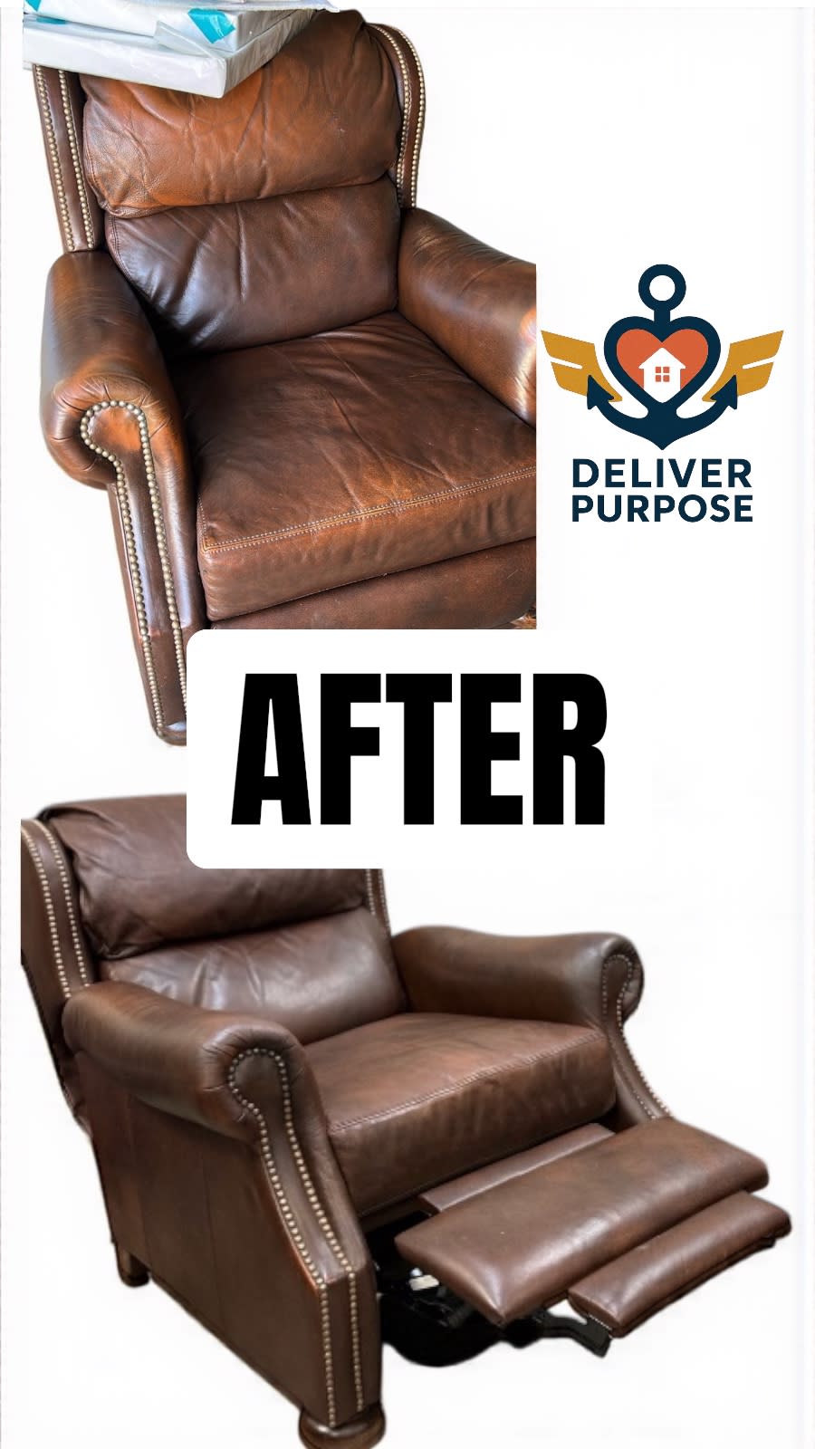 Before and after restoration of a brown leather recliner — repurposed by Deliver Purpose Inc. to fund moves for families and