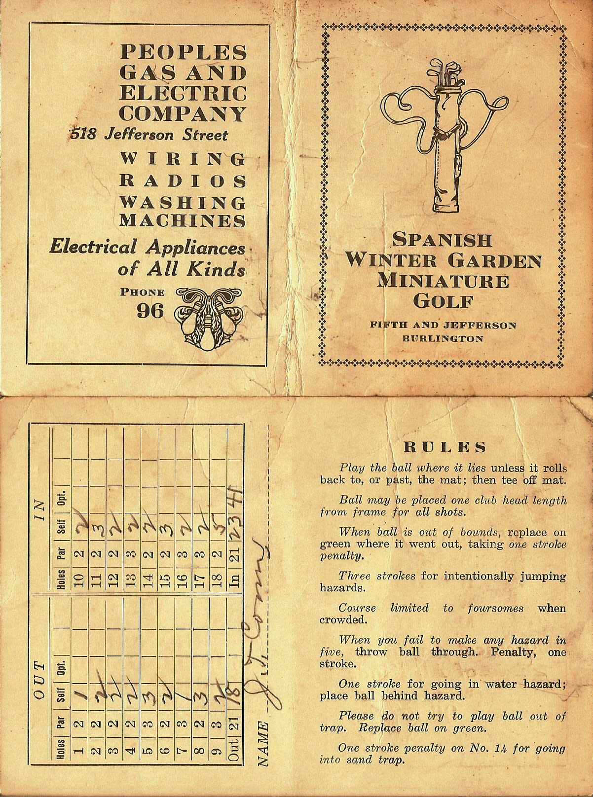 Black Water Mini Golf original 1930 score card