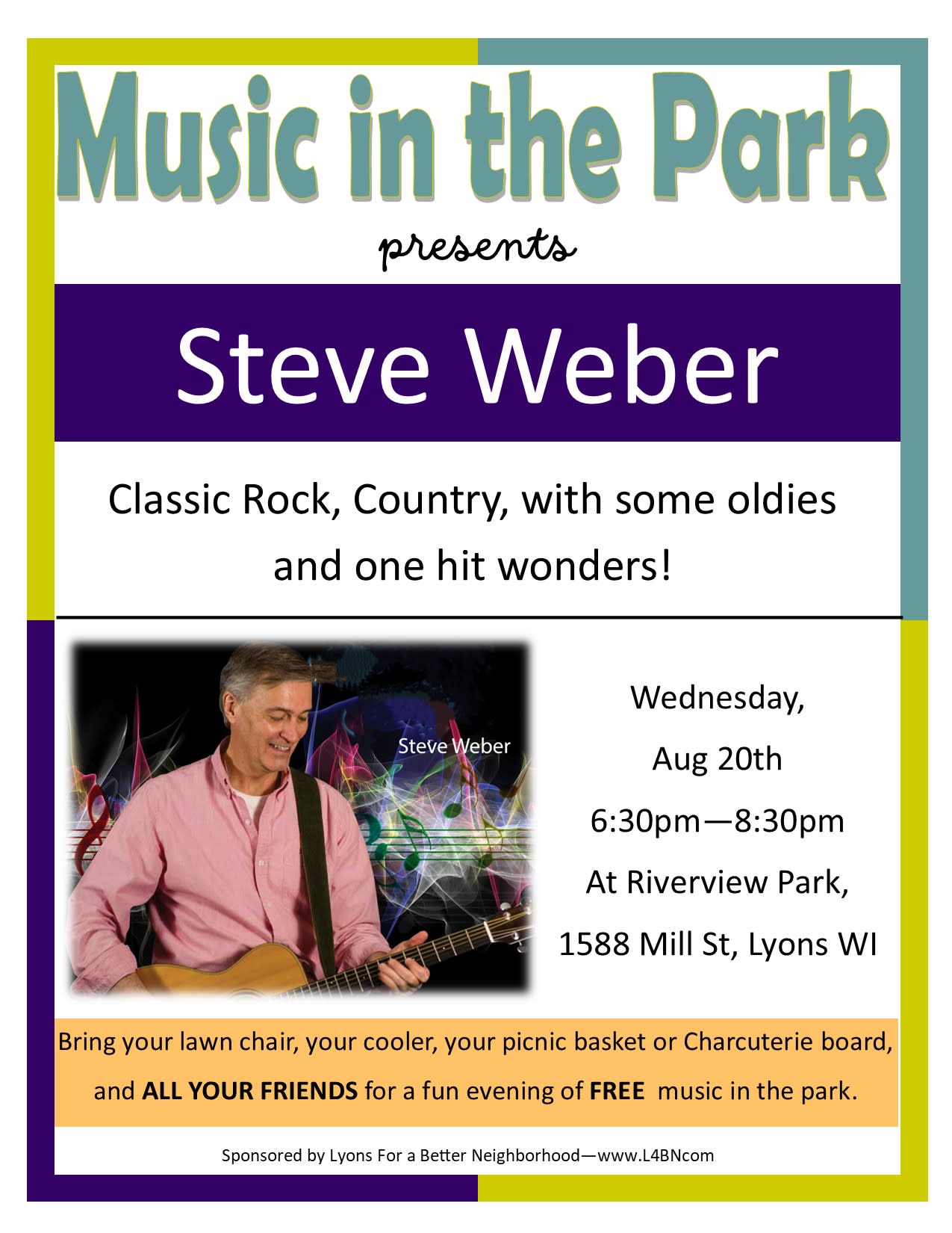Steve Weber Music in the Park Riverview Park Lyons WI Aug
