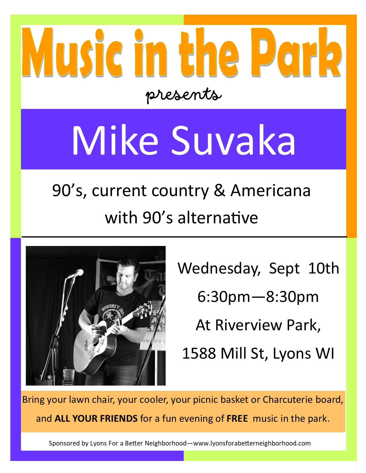 Music in the Park, Mike Suvaka, Riverview Park, Lyons WI
