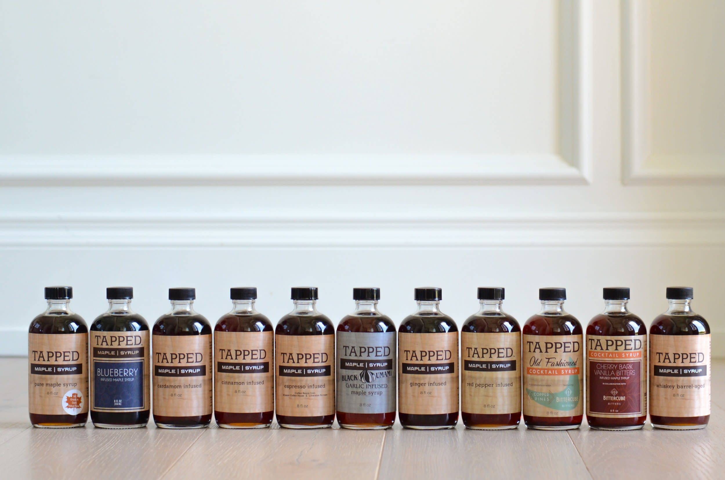 line up of Tapped Maple Syrup varieties