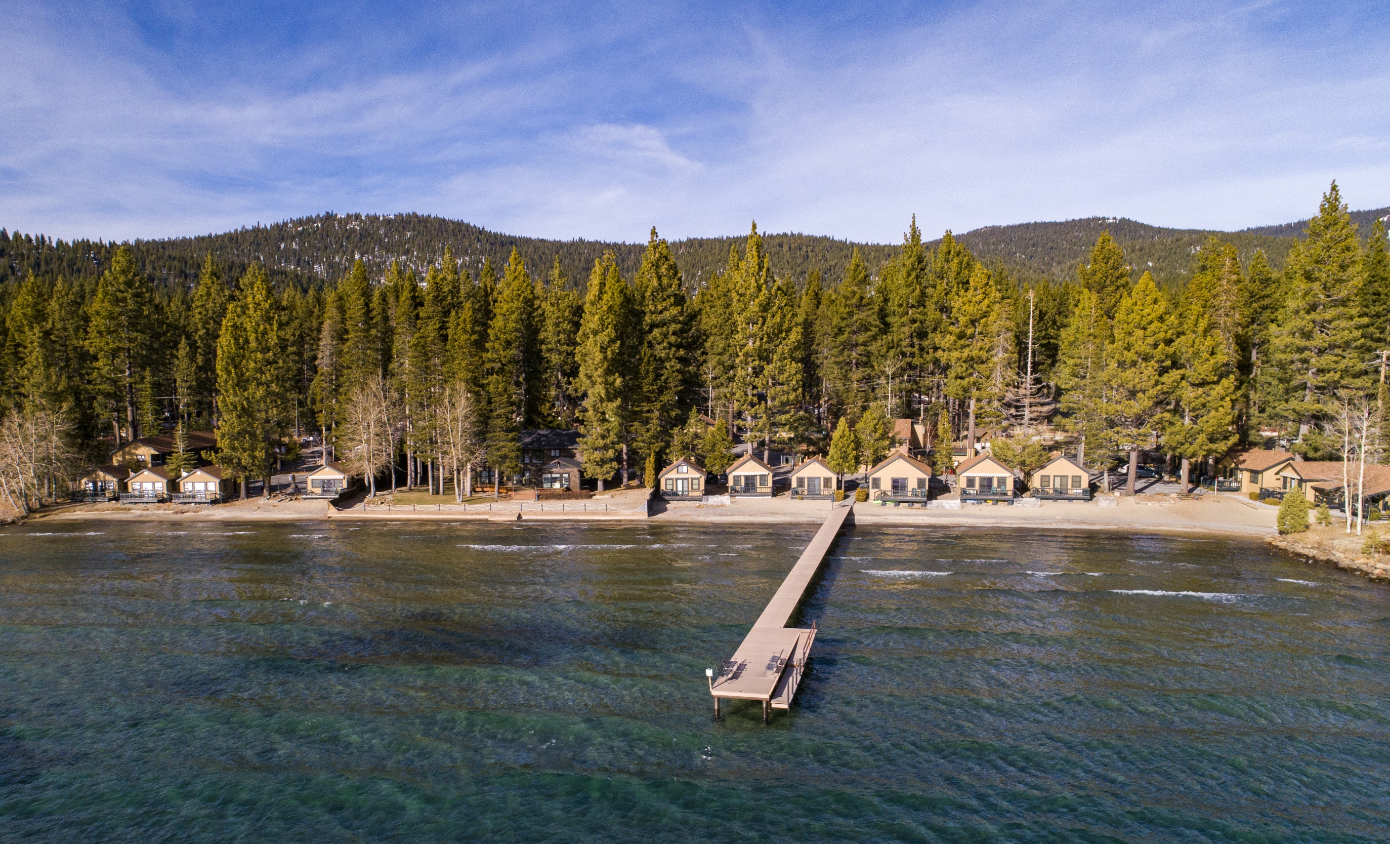 Franciscan Lakeside Lodge aerial shot beach and pier