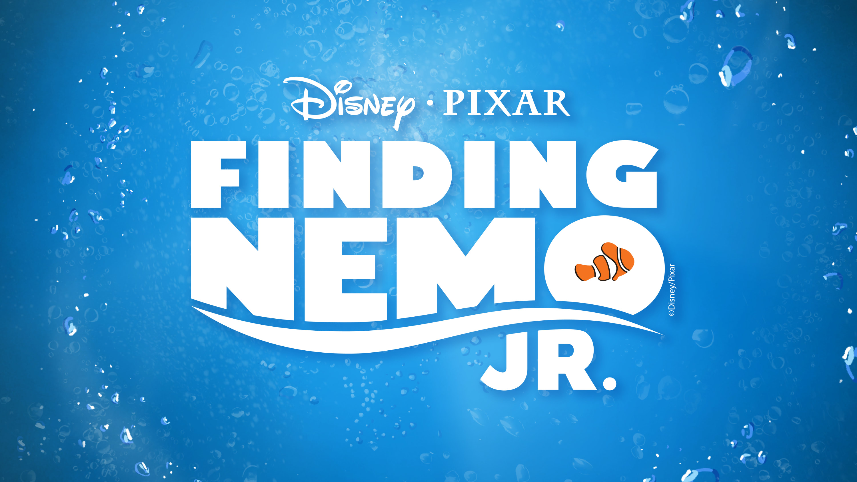 Disney Pixar's Finding Nemo JR. in white writing in front of a blue ocean water background. There is a clownfish in the middl