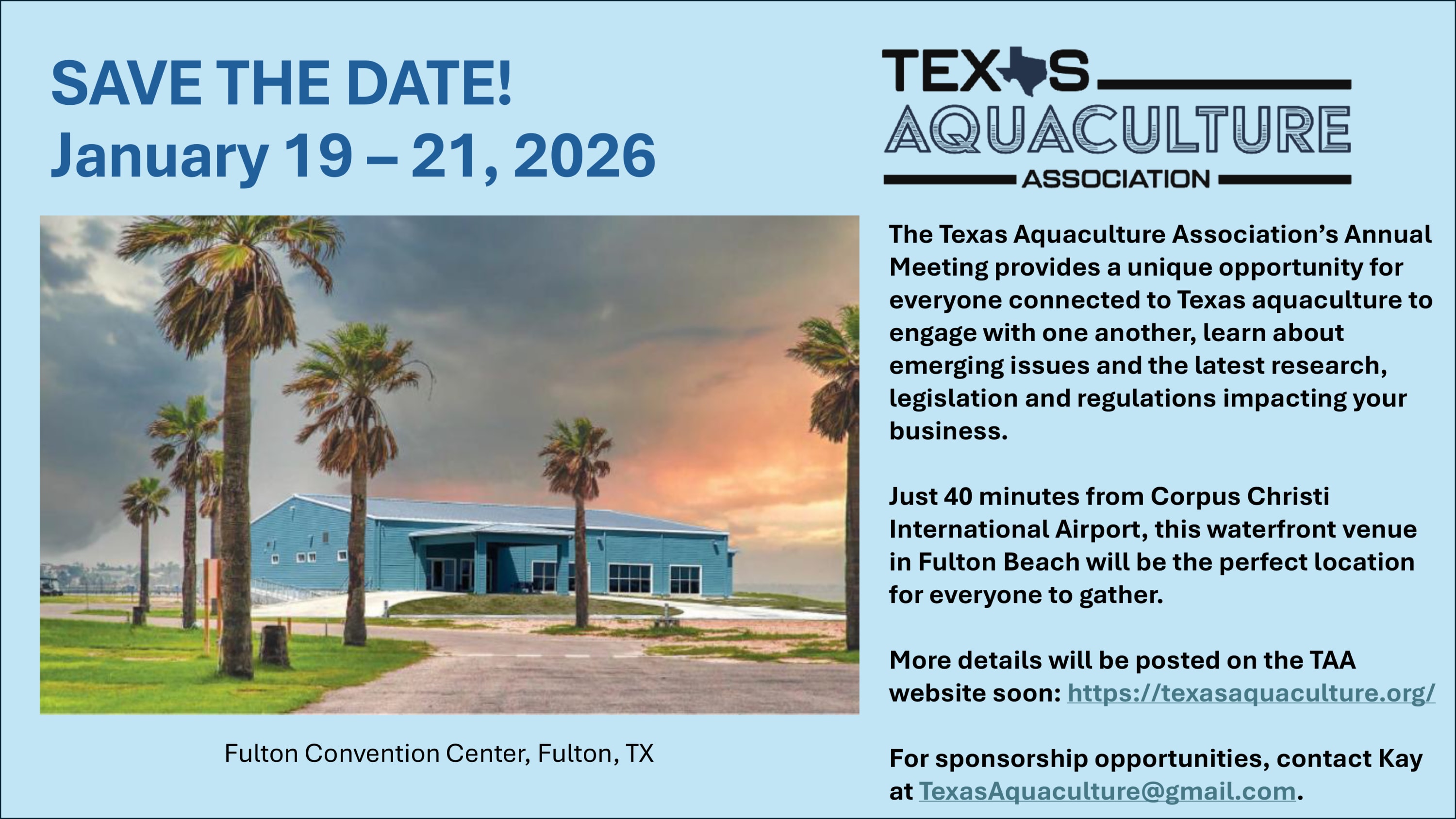 Save the date flyer for Texas Aquaculture Association's Annual Meeting in Fulton Texas