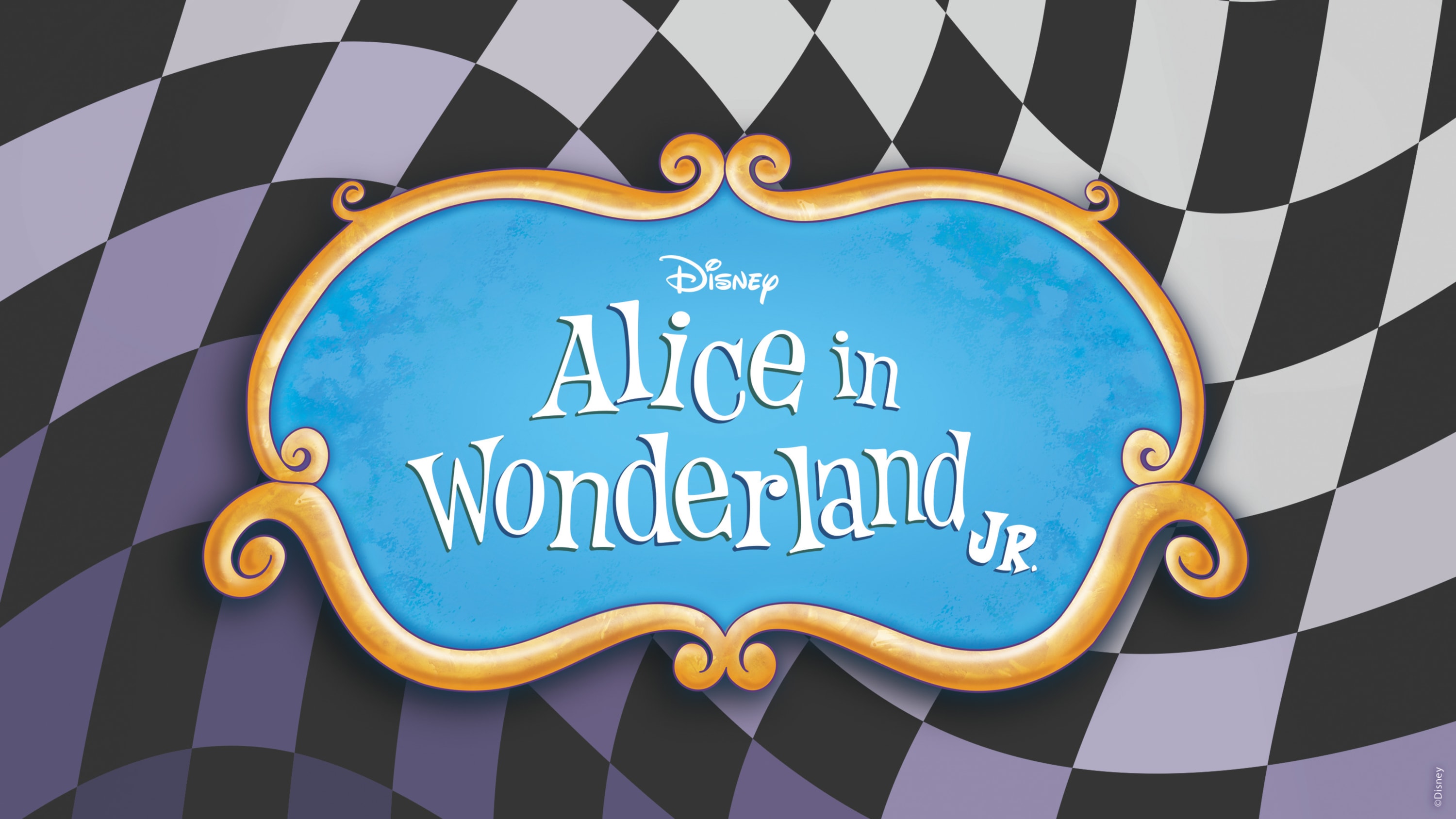 Alice in Wonderland JR. logo in write writing in front of a blue shape with a gold border. Entire shape is in front of a blac