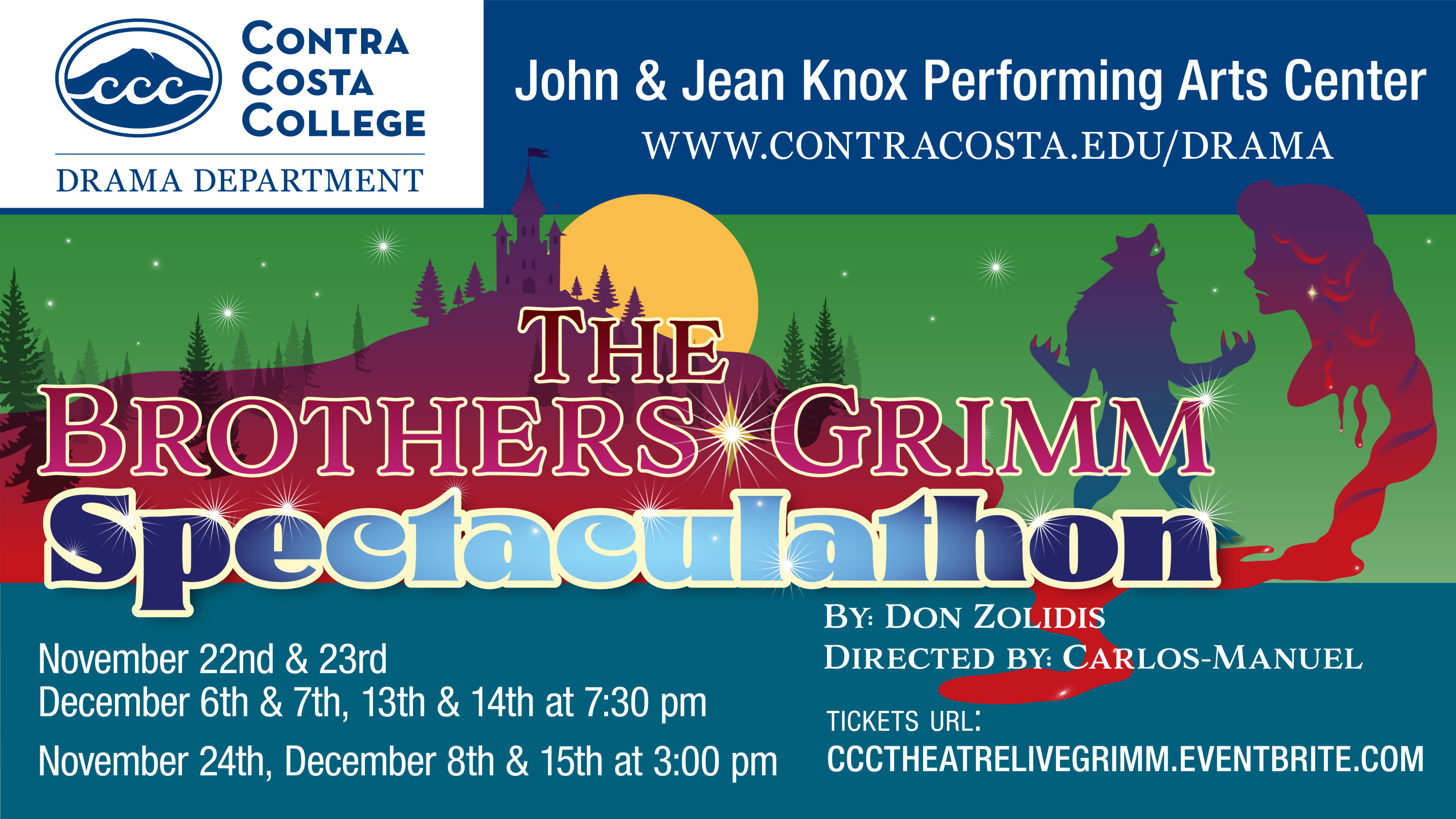 On a green background is the silhouette of a castle behind The Brothers Grimm Spectaculathon text. A red and purple