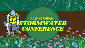 Public works worker in yellow vest kneels to plant native flowers. Title reads: 2025 KC Urban Stormwater Conference