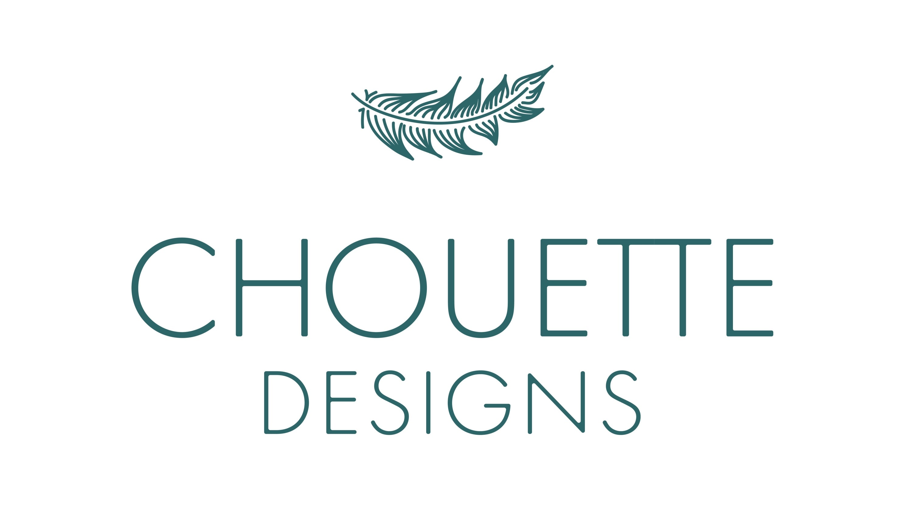 A feather over text that reads "chouette designs" in a teal color