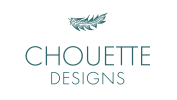 A feather over text that reads "chouette designs" in a teal color