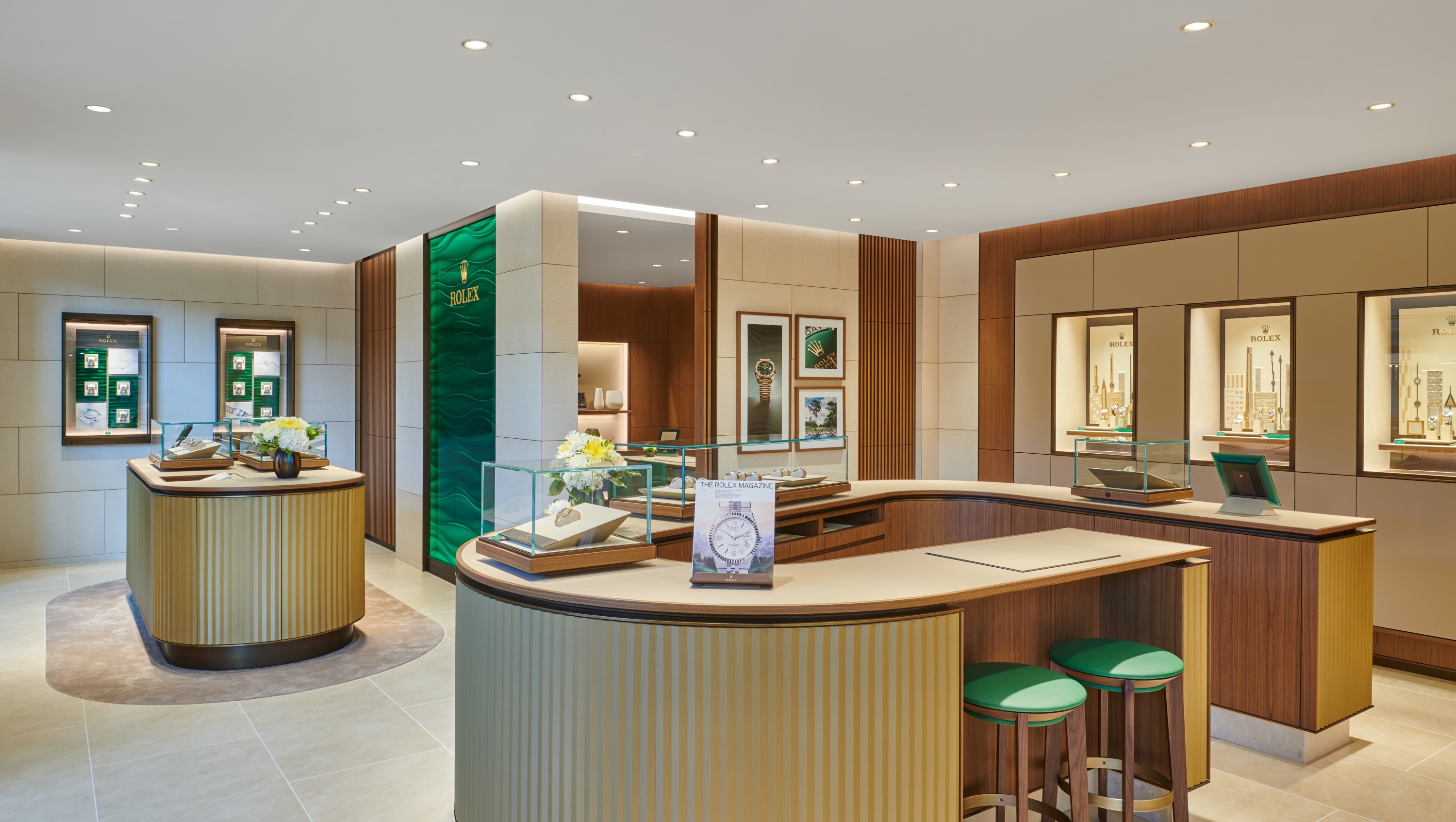 The new Rolex showroom at Jack Lewis Jewelers featuring a private viewing room, and in wall exhibition displays.