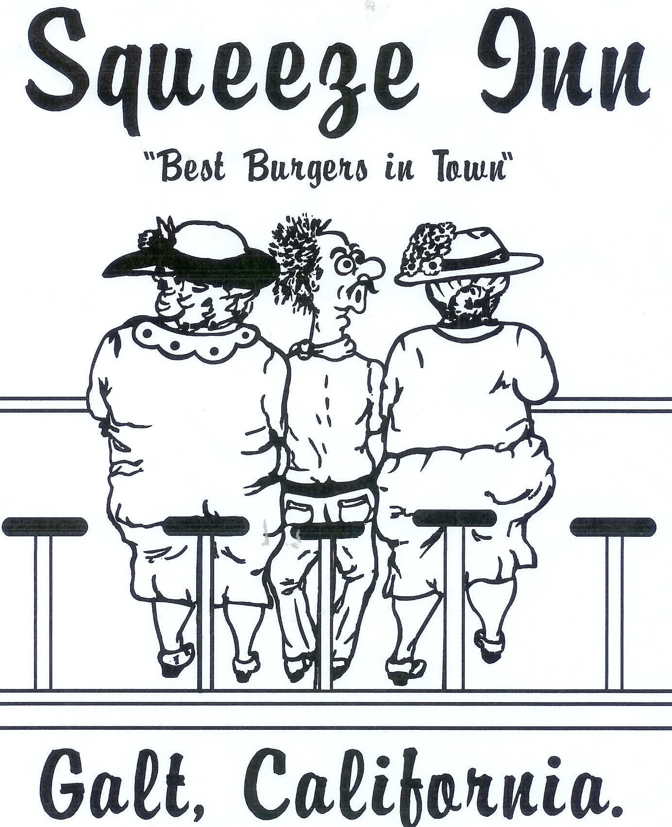 Squeeze Burger logo, "Squeeze Inn 'Best Burgers in Town' Galt, California" with caricature of three people sitting