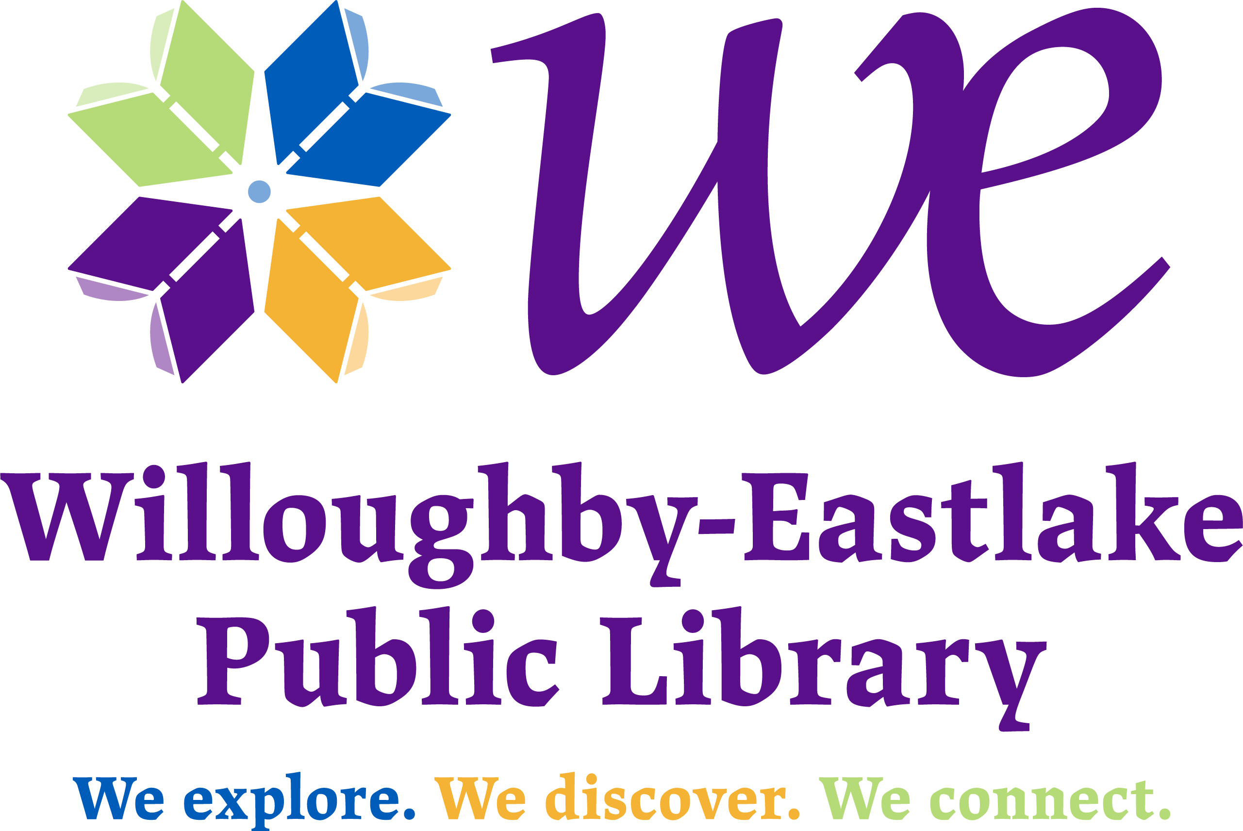 Willoughby-Eastlake Public Library Logo, full color, featuring the tagline We Explore. We Discover. We Connect.