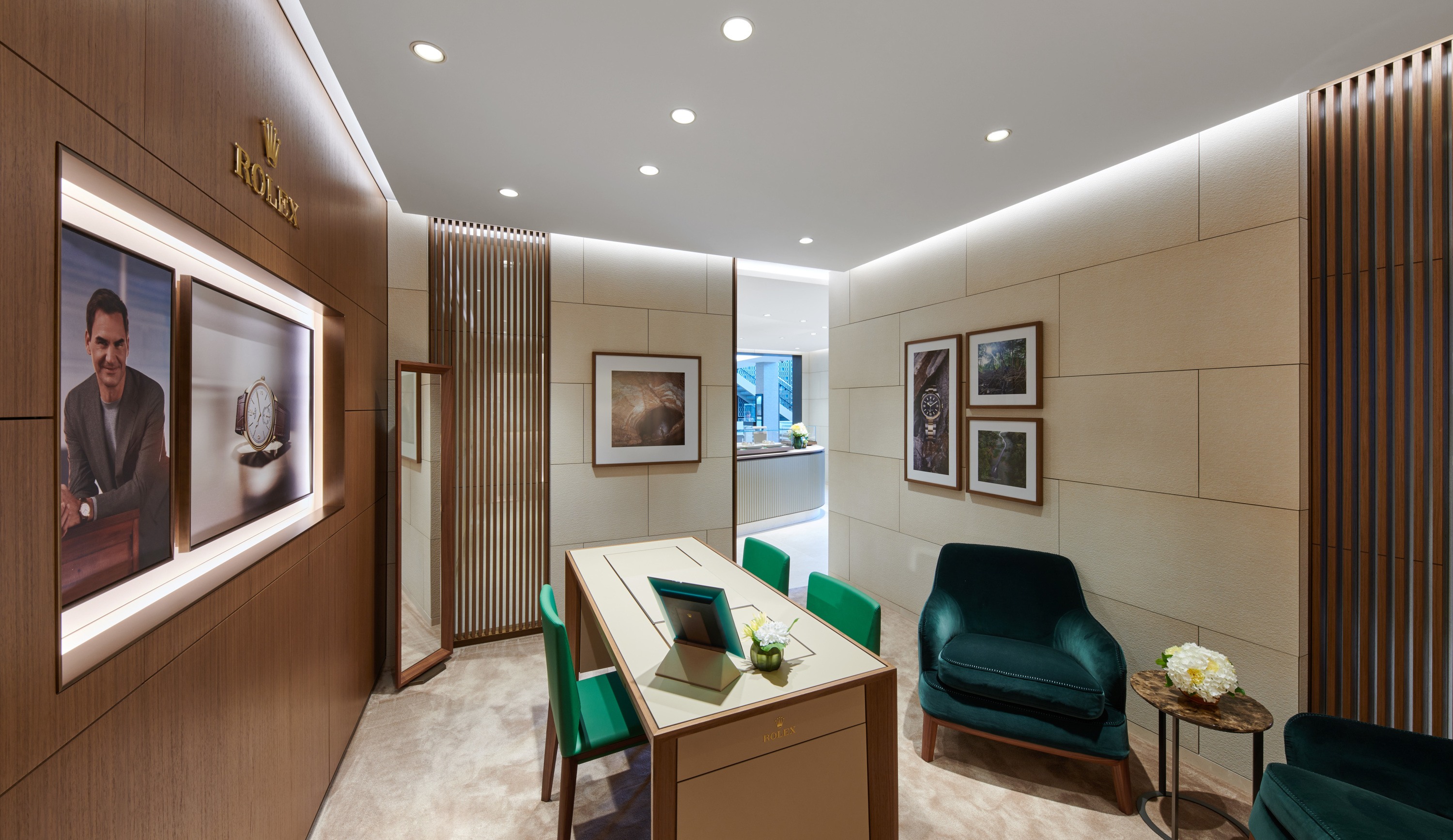 The new Rolex showroom at Jack Lewis Jewelers featuring a private viewing room, and in wall exhibition displays.