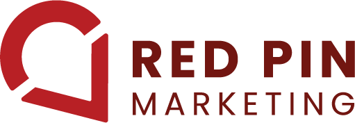 Red pin Marketing Logo. A hollow pin with red outline and the words: Red Pin Marketing in a dark red.