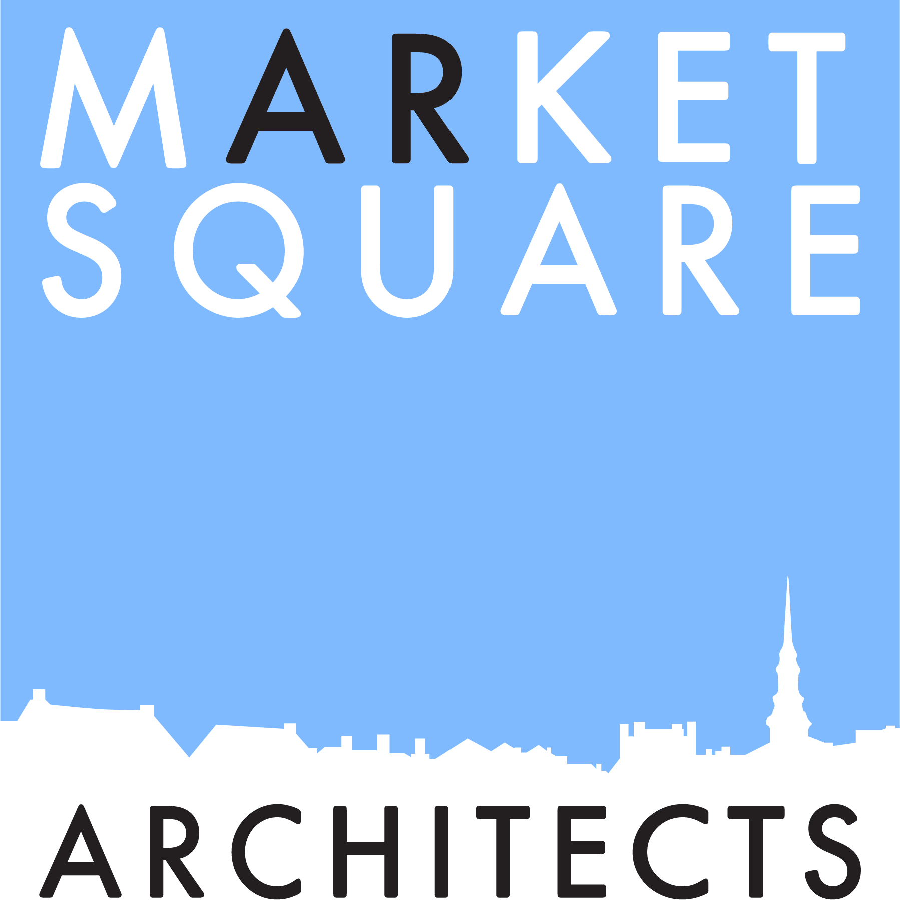 Logo for Market Square Architects. It is a blue square with a graphic skyline of Portsmouth NH along the bottom