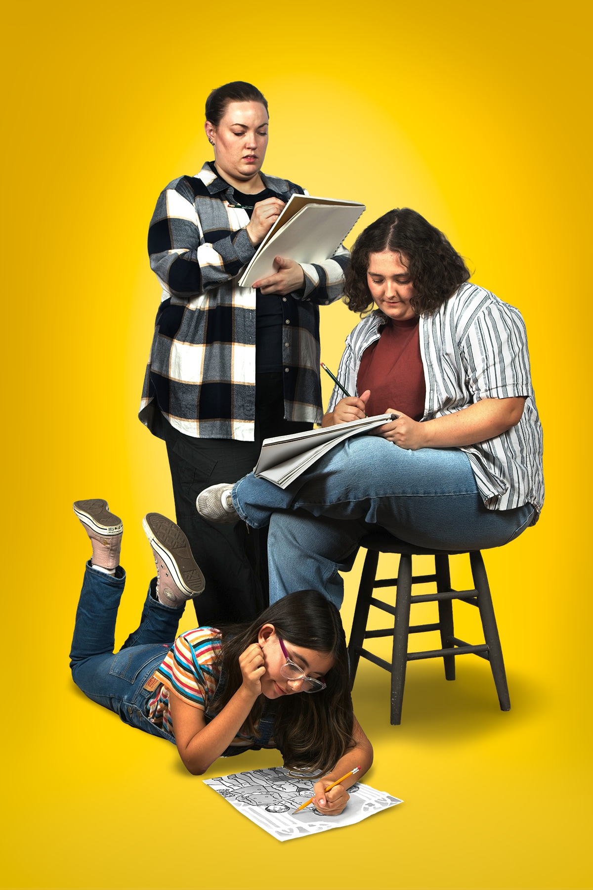 Here the author (older Allison) is shown with the child and teen versions of herself. They are all drawing