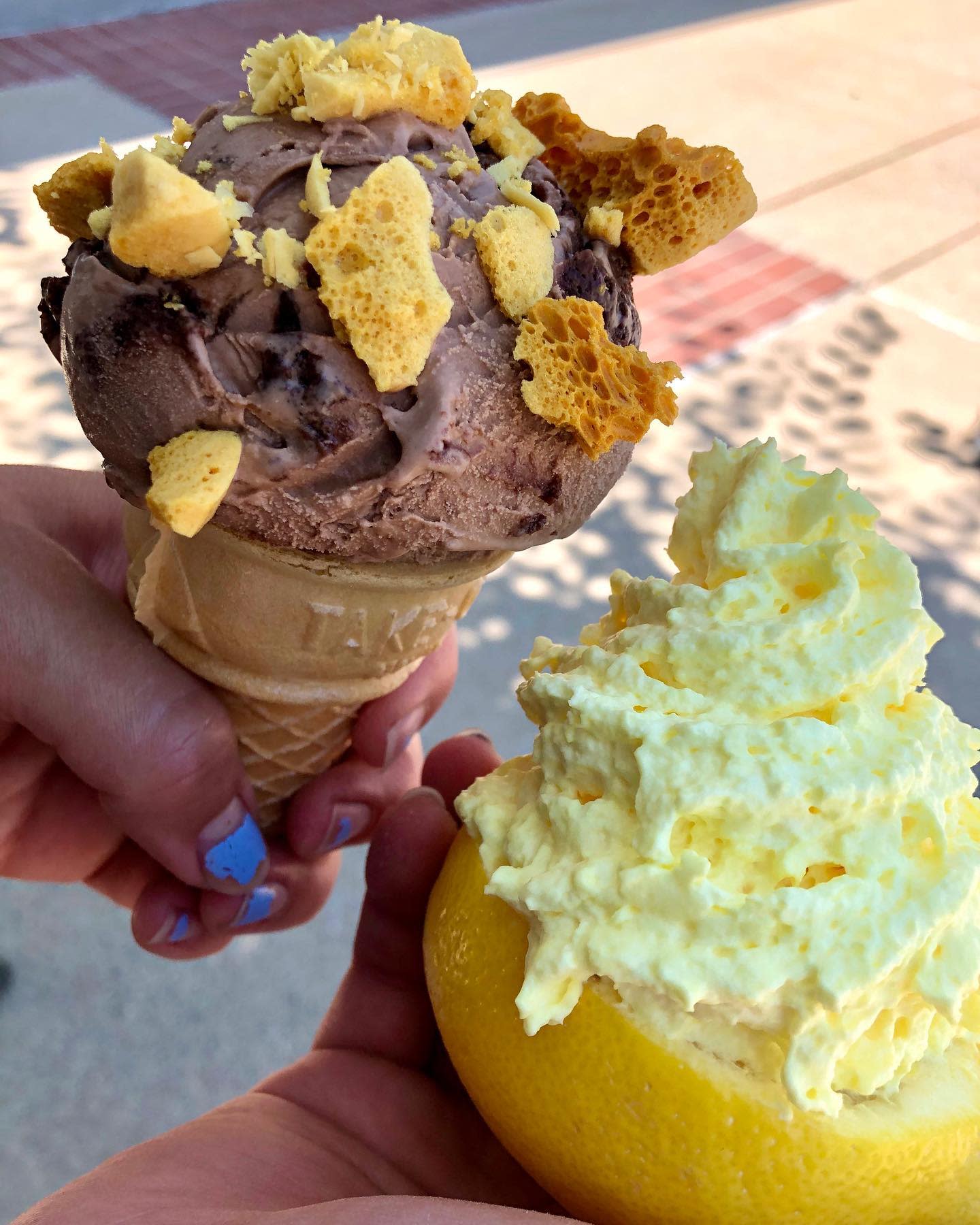 Brownie Ice Cream with Honeycomb Topping and Lemon Whipped Cream