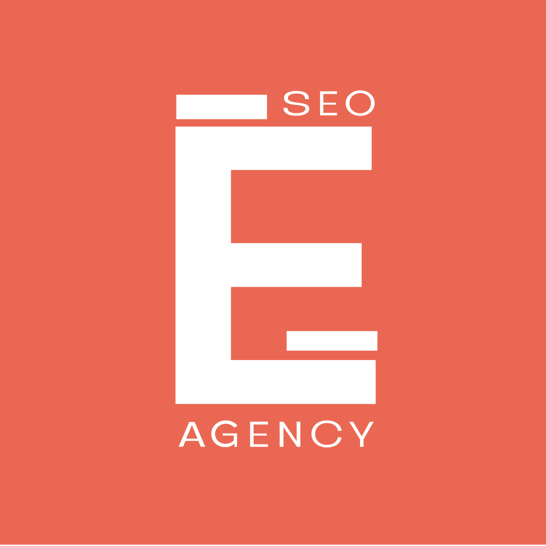 A logo with a coral background featuring a stylized white "E" composed of rectangular shapes. To the right of the "E," the wo