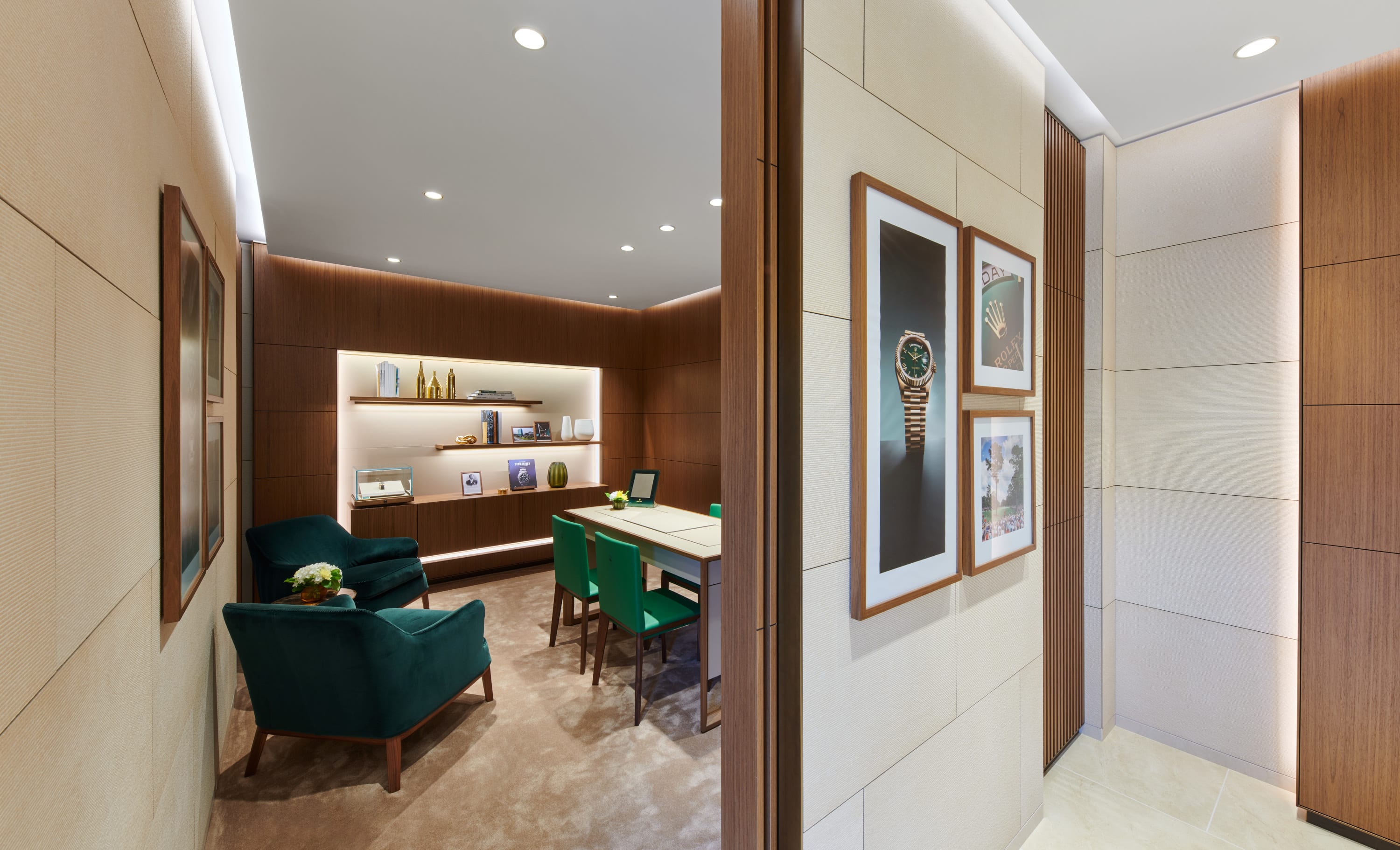 The new Rolex showroom at Jack Lewis Jewelers featuring a private viewing room, and in wall exhibition displays.