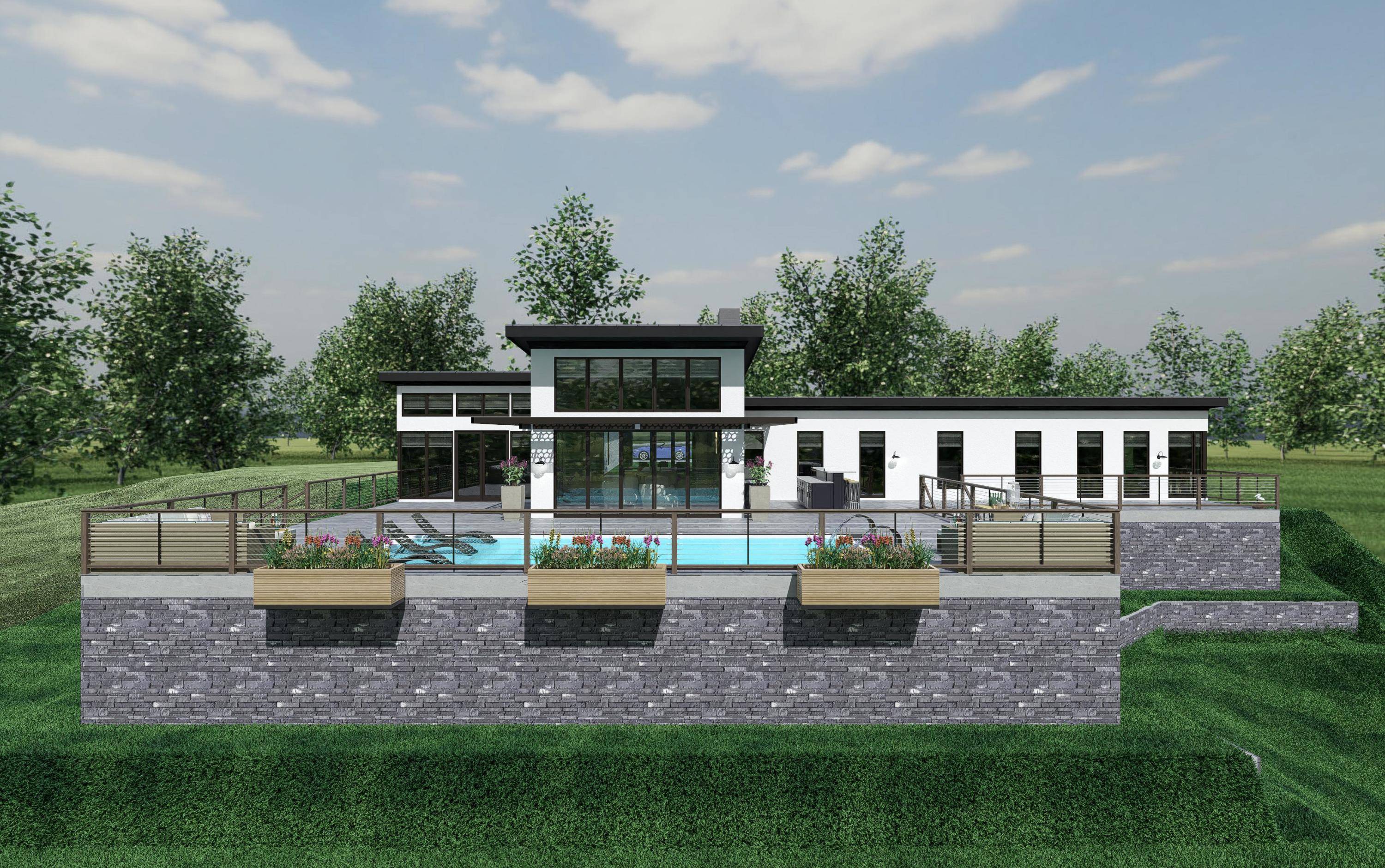 Modern home design featuring a sleek exterior and a sparkling pool in the backyard.