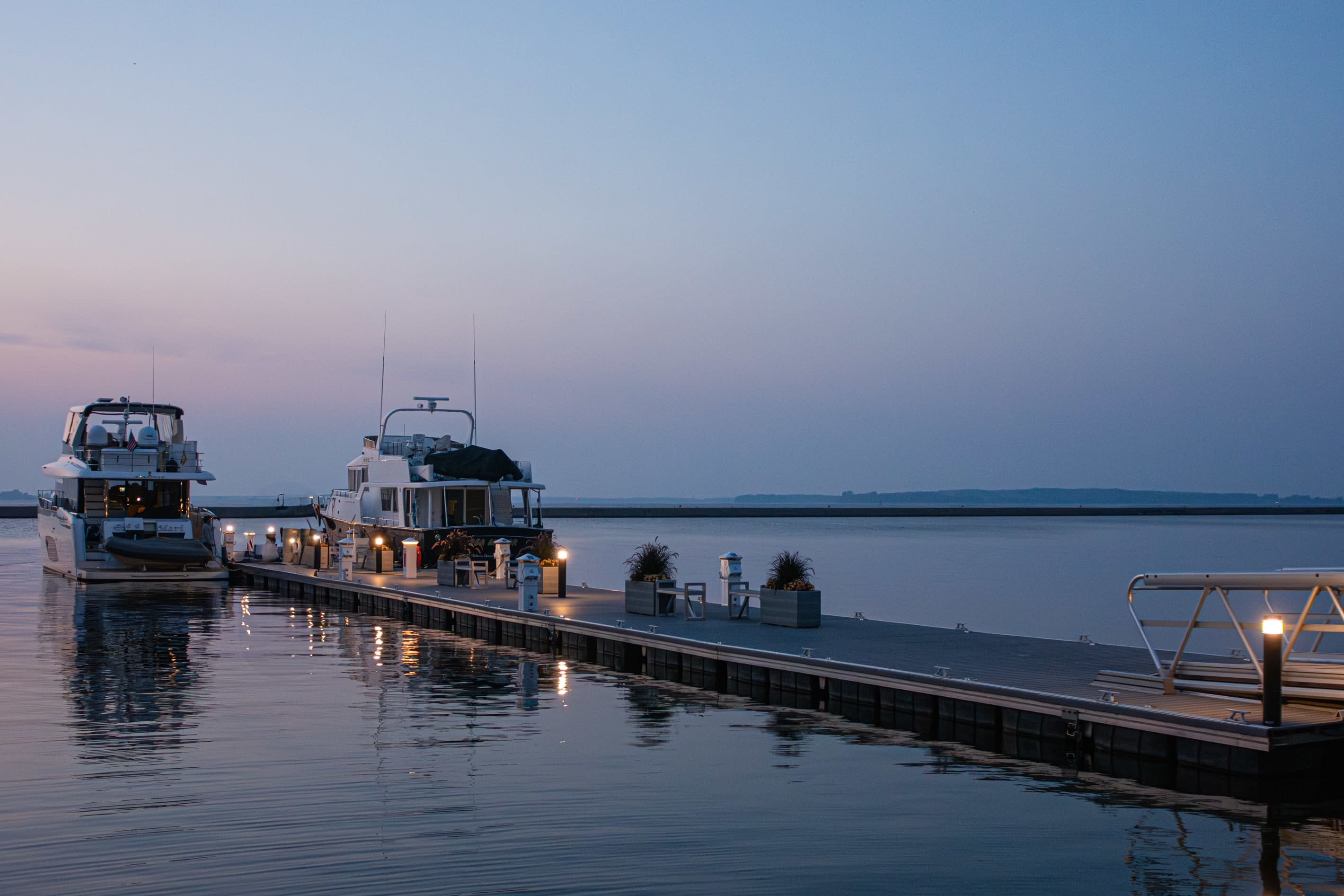 Luxury aluminum floating docks by MAADI Group in the Village of Clayton, New York marina.